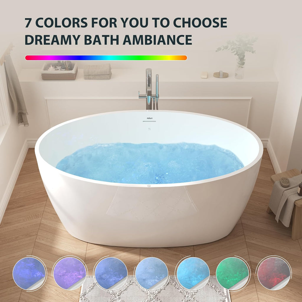 FerdY Tahiti 55 Inch Acrylic Freestanding Whirlpool Bathtub, Oval with 8 Air Water SPA Jets, Morden White Stand Alone Jetted Tub, Luxury Acrylic Free Stand Deep Soaking Bath Tub with LED Light