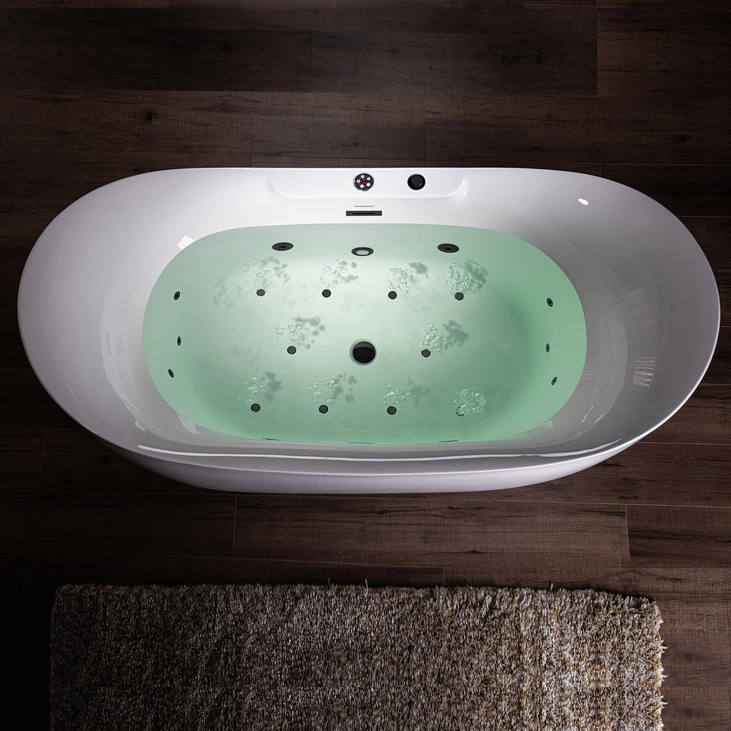 WOODBRIDGE 72' x 35-3/8' Whirlpool Water Jetted and Air Bubble Freestanding Heated Soaking Combination Bathtub with LED control panel,Matte Black drain and overflow,BM-400