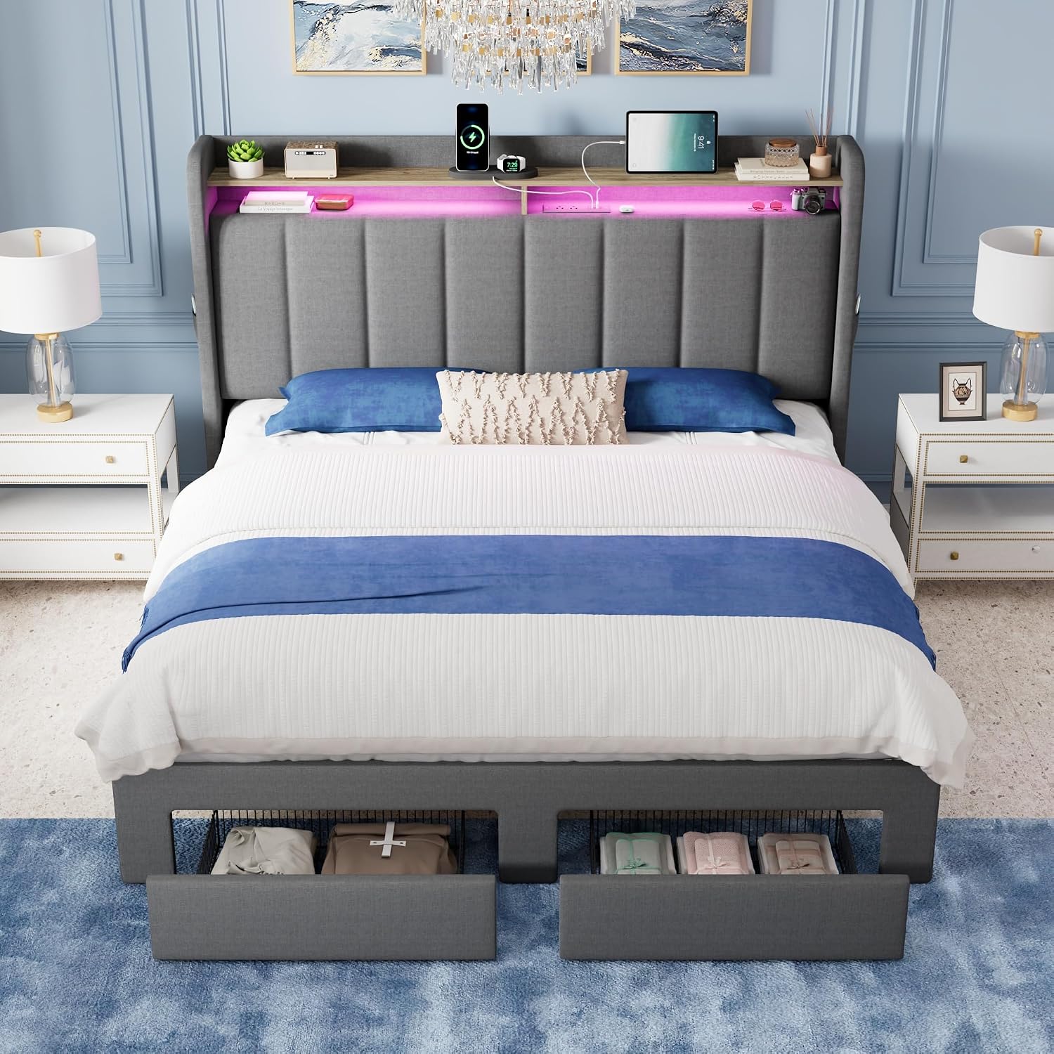 Allewie Vertical Tufted Queen Upholstered Platform Bed Frame with 2-Tier LED Storage Headboard & 2 Storage Drawers, USB & Type-C Charging Ports, Noise-Free/No Box Spring Needed, Dark Grey