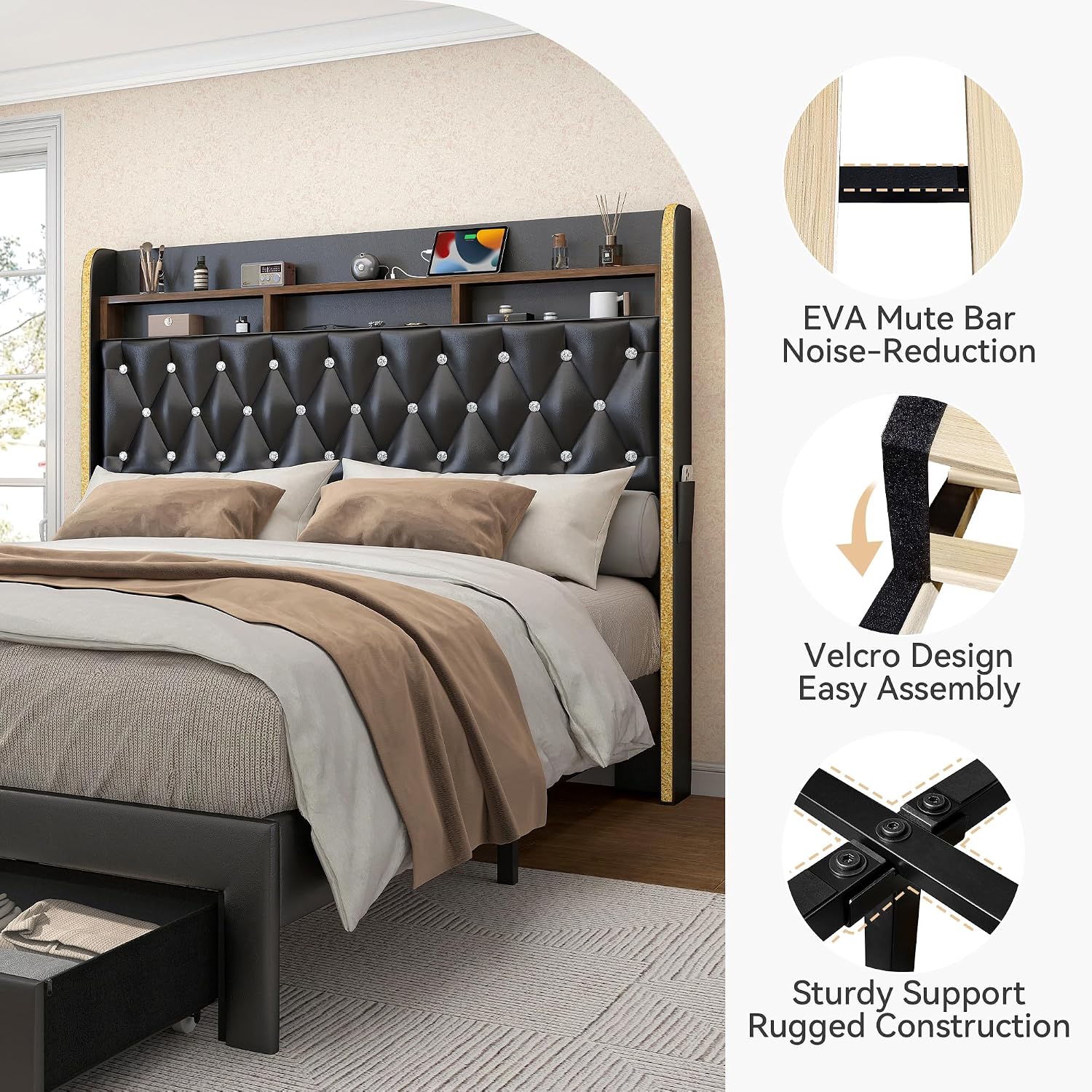 Torana King LED Bed Frame with 2 Drawers, 53' Tall Platform Beds with Galaxy Star Projector Charging Station, PU Upholstered Diamond Tufted Aurora Bedframe with Storage Headboard, Black