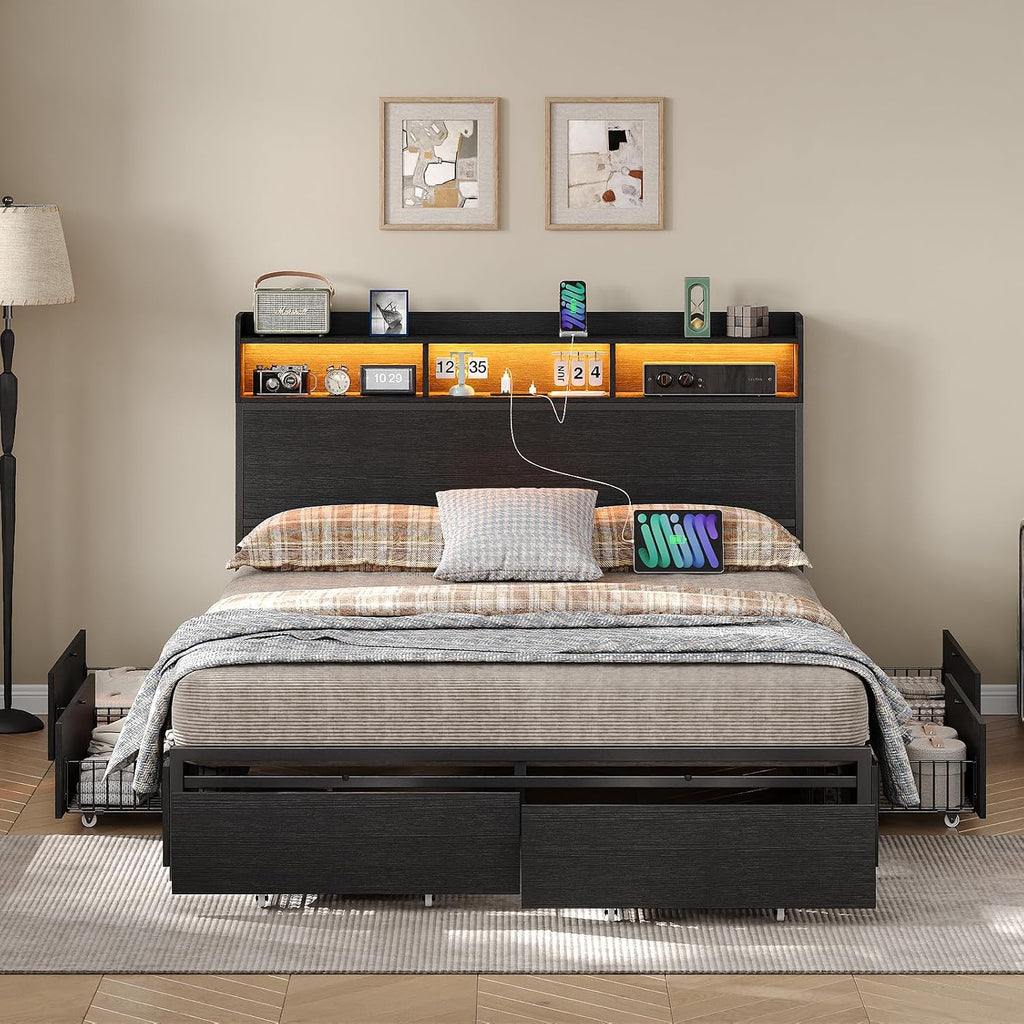Queen Size Bed Frame with 6 Storage Drawers & Bookcase Headboard, Platform Bed with LED Light and Charging Station, Noise-Free, Easy Assembly, No Box Spring Needed, Black