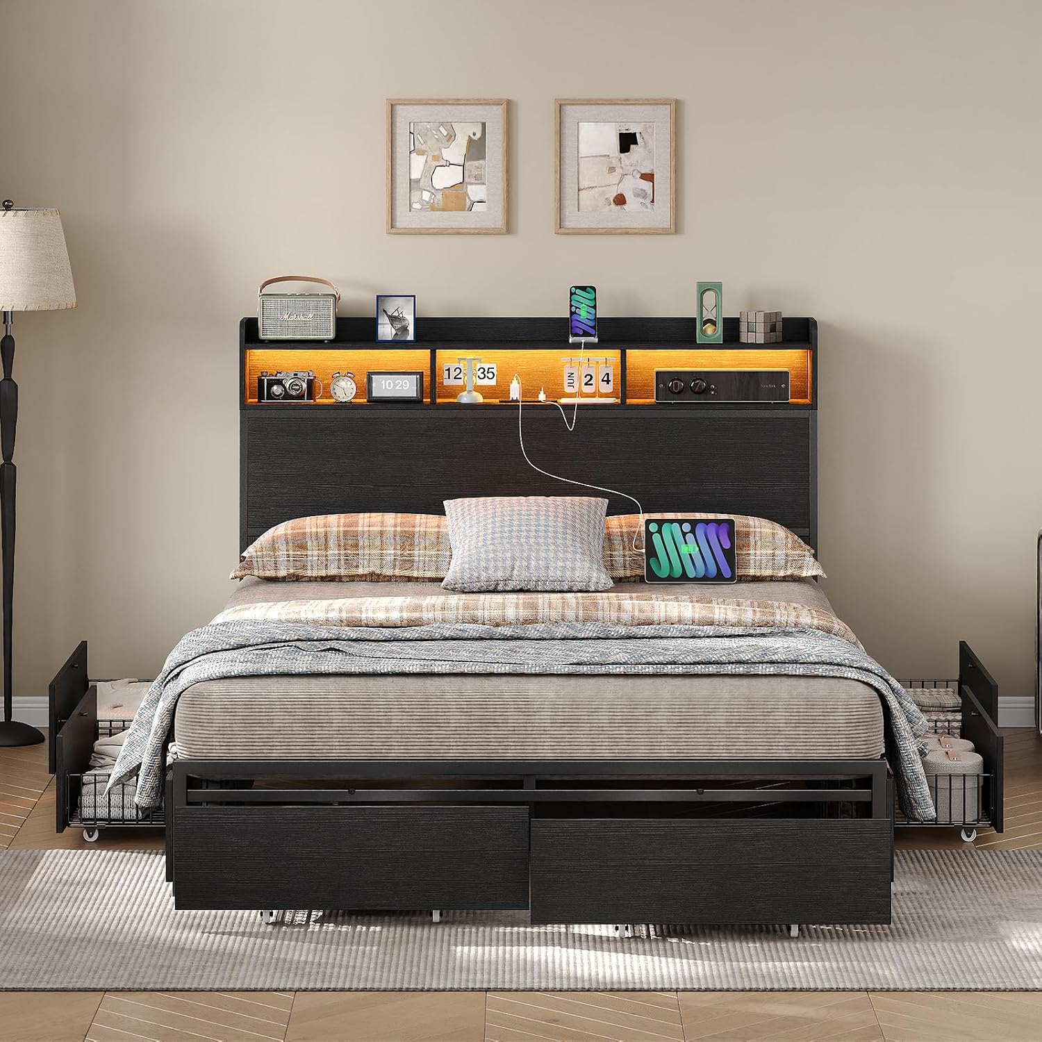 Queen Size Bed Frame with 6 Storage Drawers & Bookcase Headboard, Platform Bed with LED Light and Charging Station, Noise-Free, Easy Assembly, No Box Spring Needed, Black