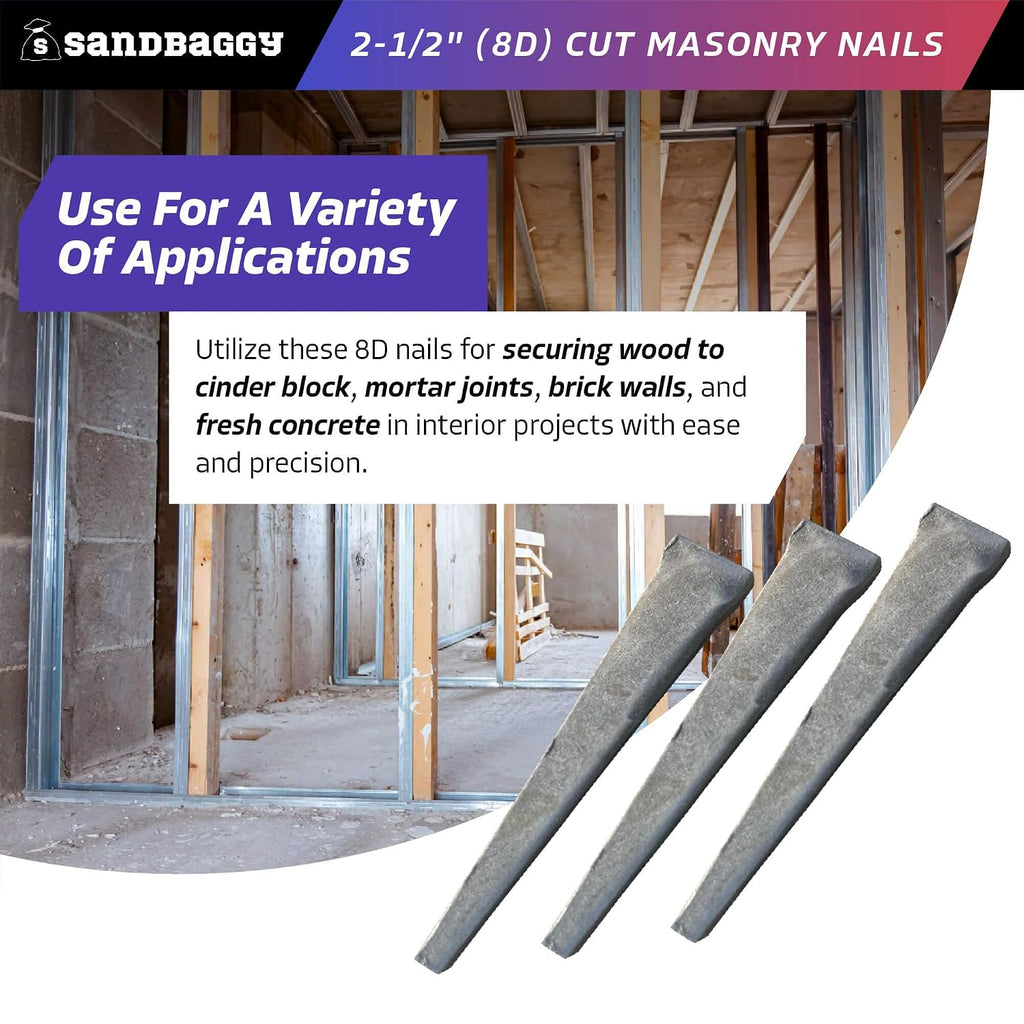 Sandbaggy 2-1/2 inch (8D) Square Cut Masonry Nails for Concrete, Brick, Mortar - 1/2' Wide Flat Heads - Construction, Cement, Brick Walls (1500)