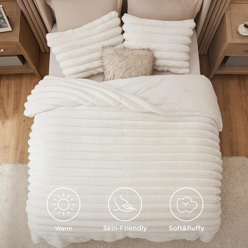 Bedsure Faux Fur Queen Comforter Set - Coconut White Fluffy Comforter Queen Size, Soft and Cozy Shaggy Bedding Comforter Sets, Winter Warm Luxury Fuzzy Bed Set, 1 Comforter and 2 Pillowcases