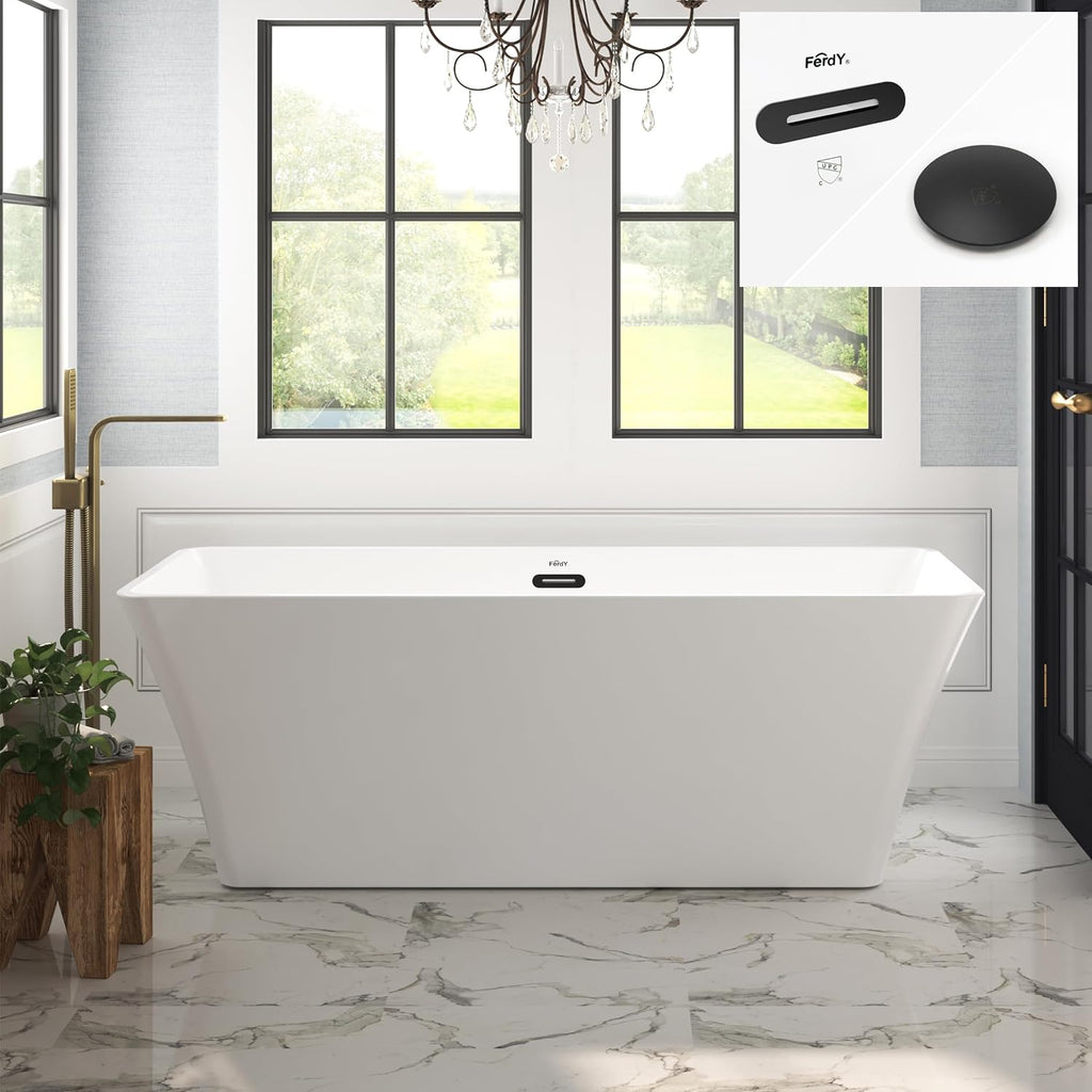 FerdY Sentosa 67' Acrylic Freestanding Bathtub, Contemporary Design Soaking Tub with Matte Black Drain and Matte Black Overflow, Easy to Install