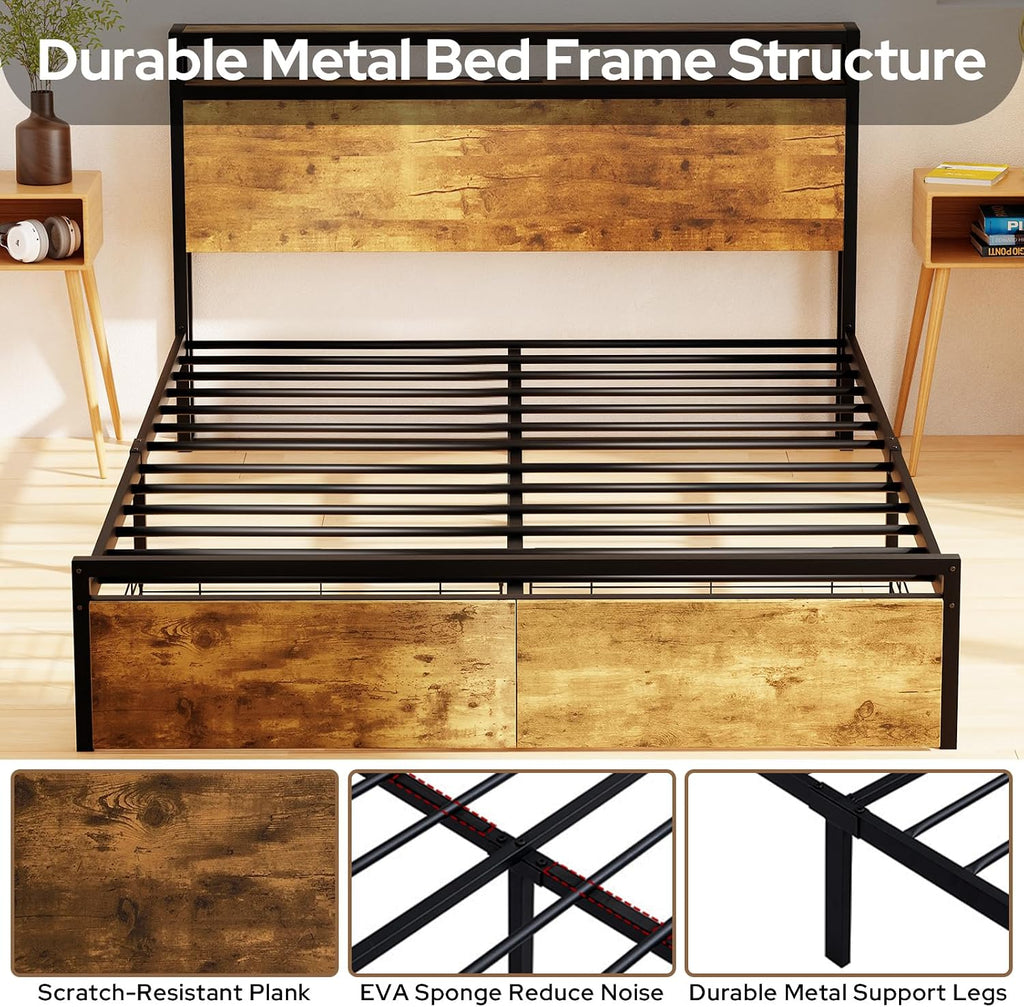 Zevemomo Queen Bed Frame with Storage Drawers, Bed Frame Queen Size with Headboard, LED Light, Charging Station with 3 USB Ports & 1 Type-C Port, No Noise, Rustic Brown