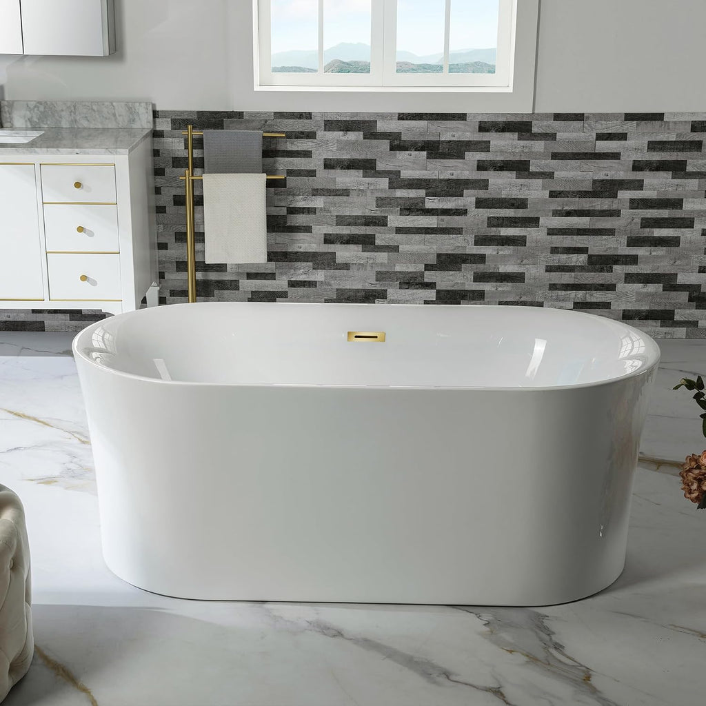 WOODBRIDGE 59' Acrylic Freestanding Bathtub Contemporary Soaking Tub with Brushed Gold Overflow and Drain,White Tub,B0058-BG