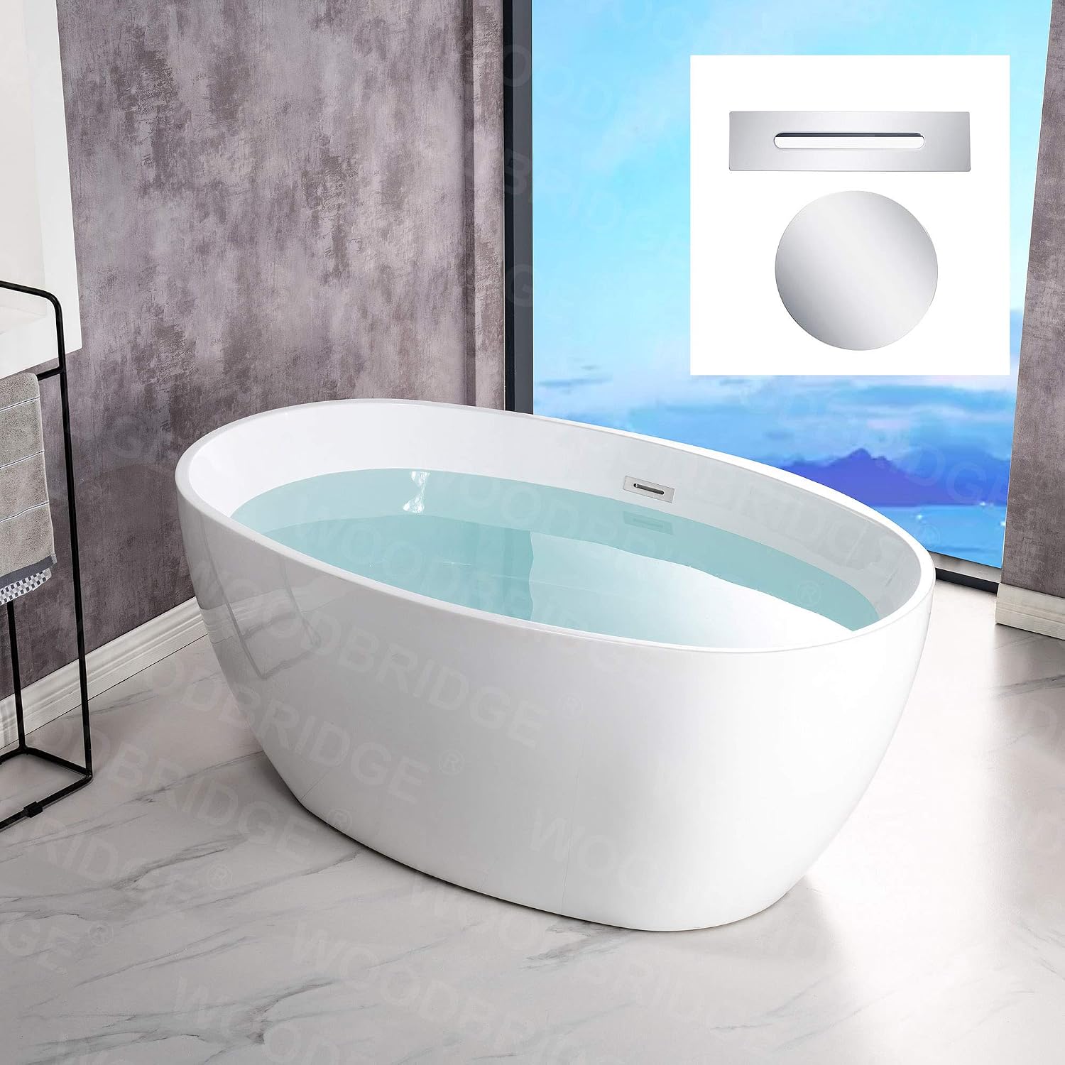 WOODBRIDGE 55' Acrylic Freestanding Bathtub Contemporary Soaking White Tub with Chrome Overflow and Drain，B1418 -C-Drain &O