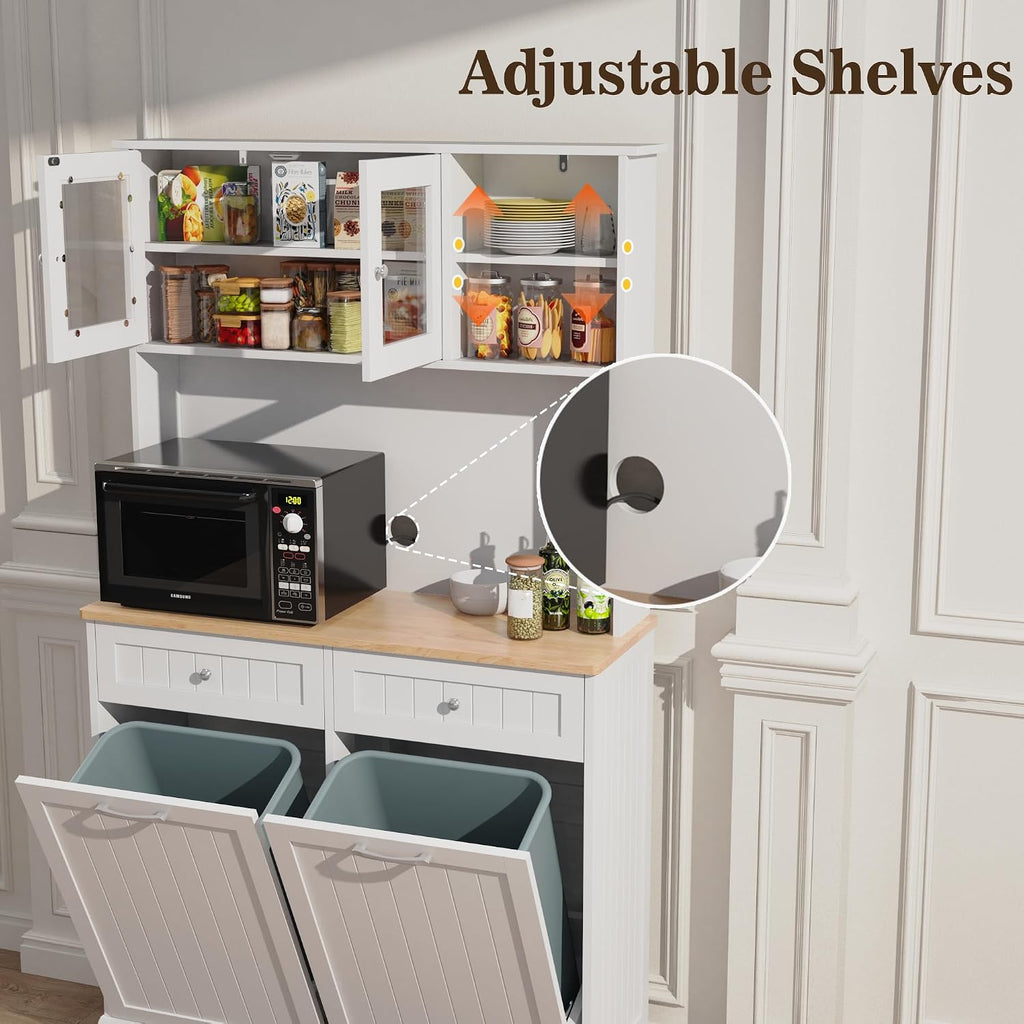 Double Tilt Out Trash Cabinet Storage Cabinet 20 Gallon with Two Solid Wood Hideaway Trash Holder Drawers, Dual Wooden Free Standing Recycling Cabinets Trash Can Bin Kitchen (White)