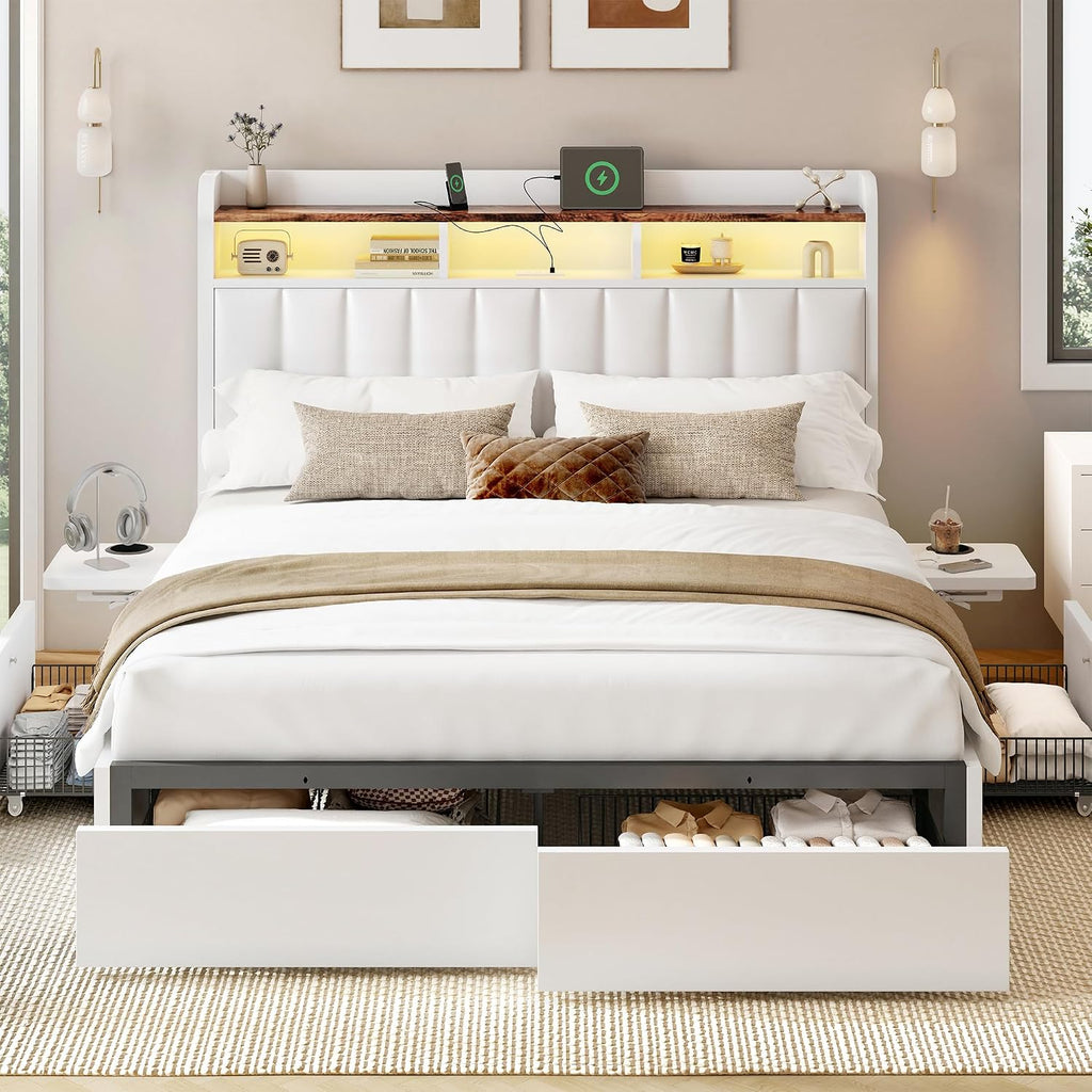 BRELTAM Queen Bed Frame with Headboard,4 Storage Drawers,and Built-in Adjustable Desk,Charging Station,Easy Assembly,No Box Spring Needed,White
