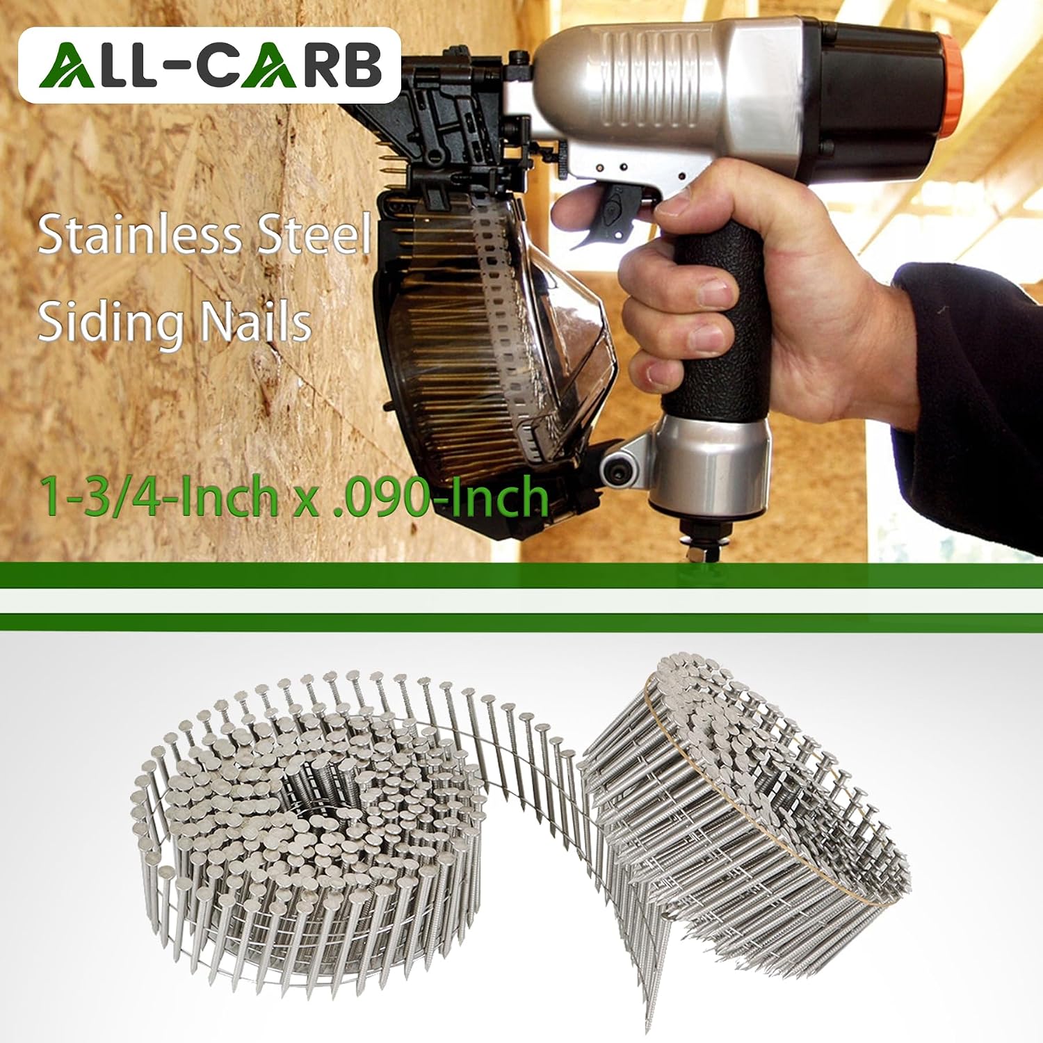 marddpair 3600 Count 1-3/4-Inch x .090-Inch 15-Degree Ring Shank Stainless Steel Siding Nails Collated Wire Coil for Wood or Fencing