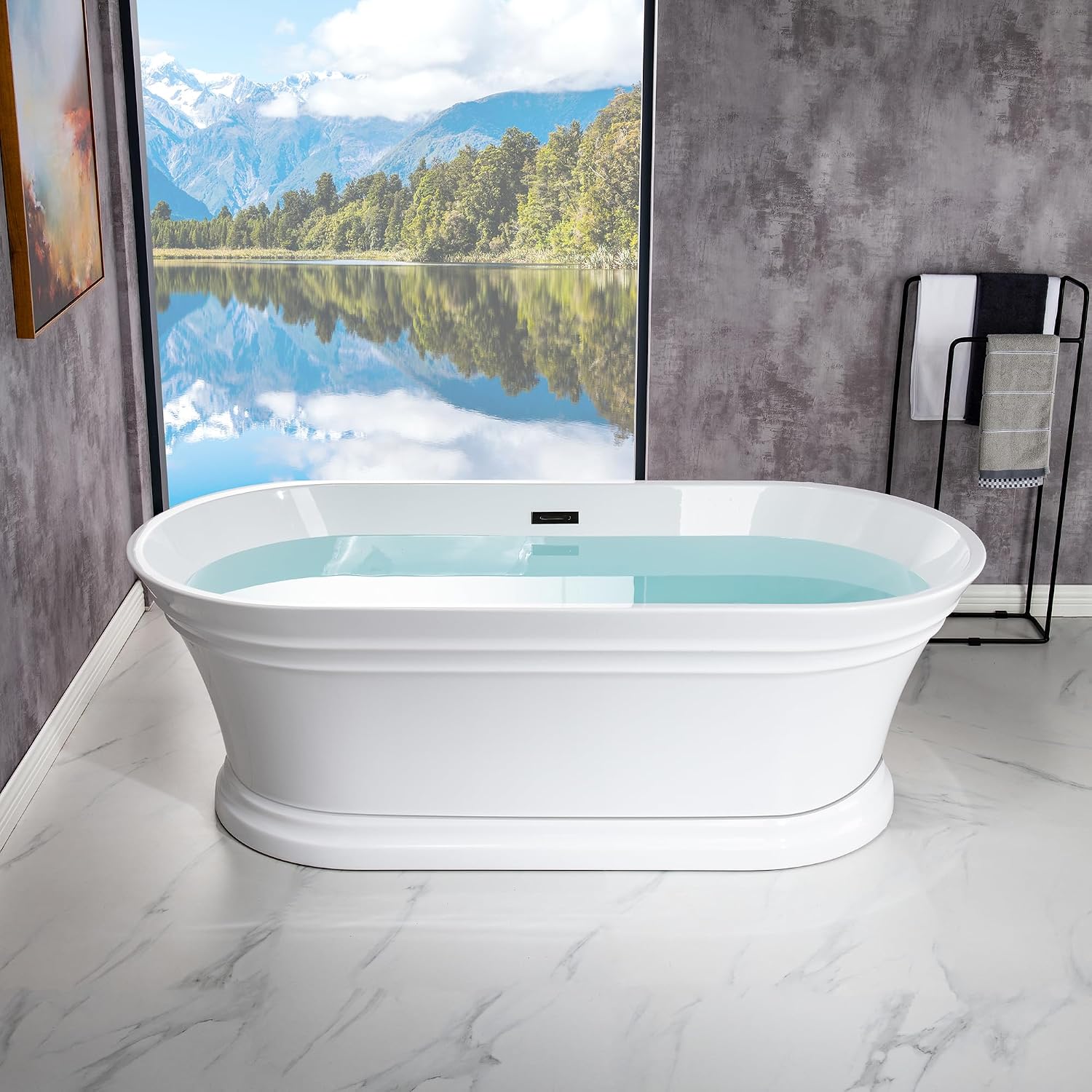 WOODBRIDGE 67'Freestanding White Acylic Soaking Bathtub with Matte Black Drain and Overflow,BTA1537 -MB