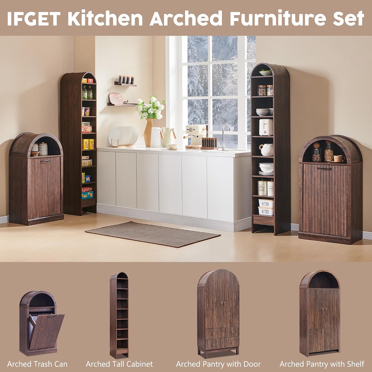 IFGET Arched Tilt-Out Trash Can Cabinet, Fluted 10 Gallon Trash Can Cabinet Set of 2, Modern Laundry Hamper, Hidden Garbage with Storage Basket for Kitchen, Living Room, Brown