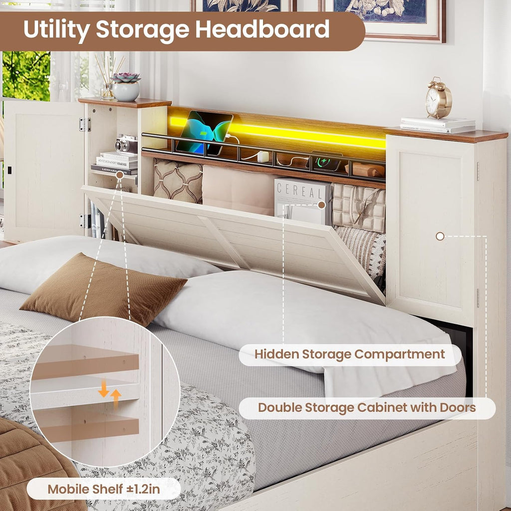 VIAGDO Farmhouse Full Size Bed Frame with Headboard and Double Barn Door Storage Cabinets, Rustic Wooden Bed Frame Full with Charging Station, 4 Drawers and LED Lights, No Box Spring Needed, White
