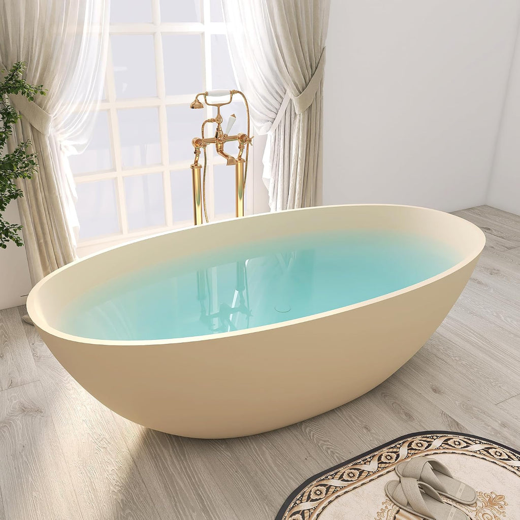 SJ STAR&JANE 65' Solid Surface Freestanding Bathtub, Oval Soaking Tub with Overflow and Pop-up Drain for Bathroom Cream