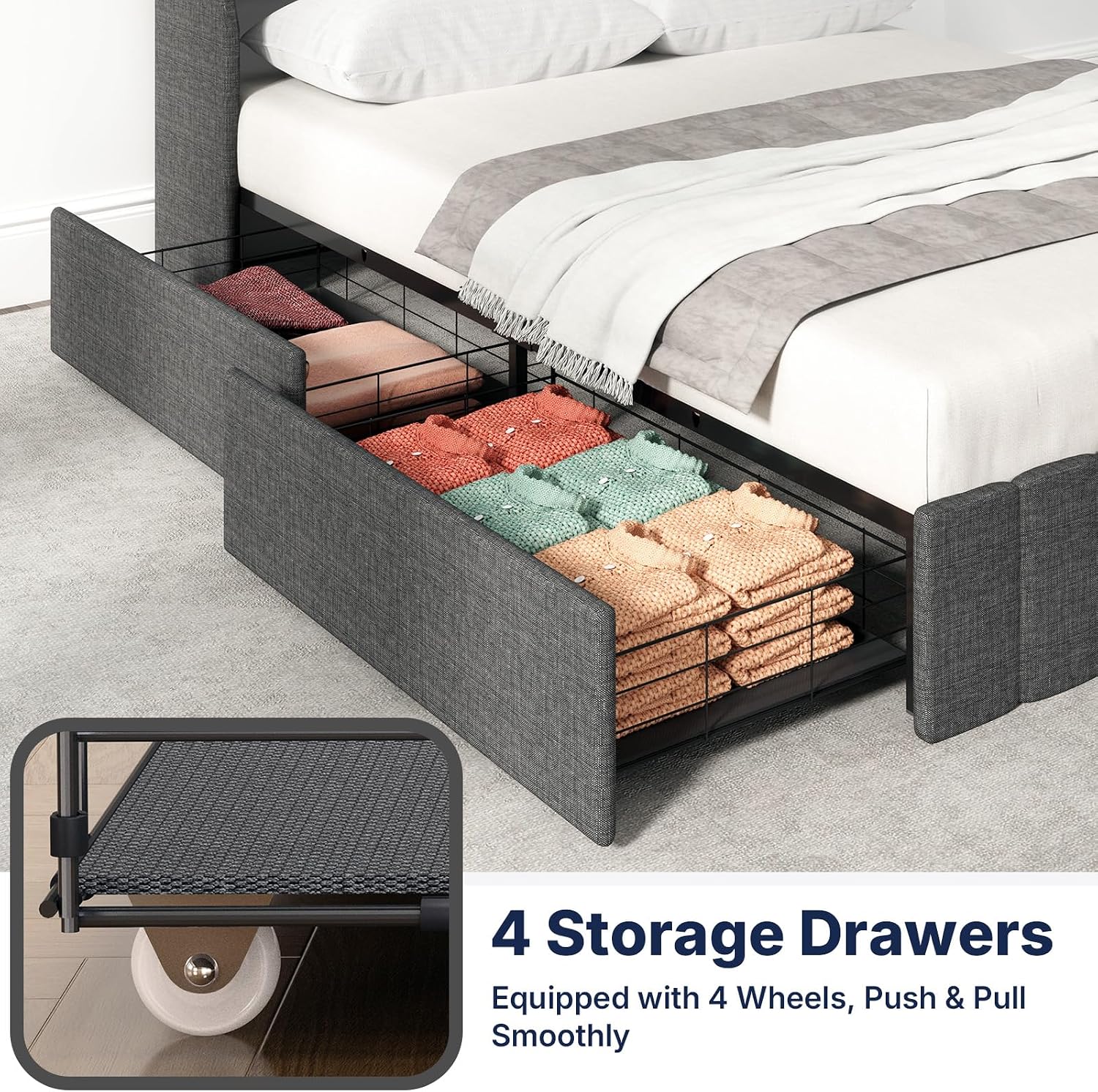 Zevemomo Queen Bed Frame with 4 Storage Drawers, Upholstered Queen Size Bed Frames with Headboard, Queen Size Bed Frame with LED Lights, Dark Grey