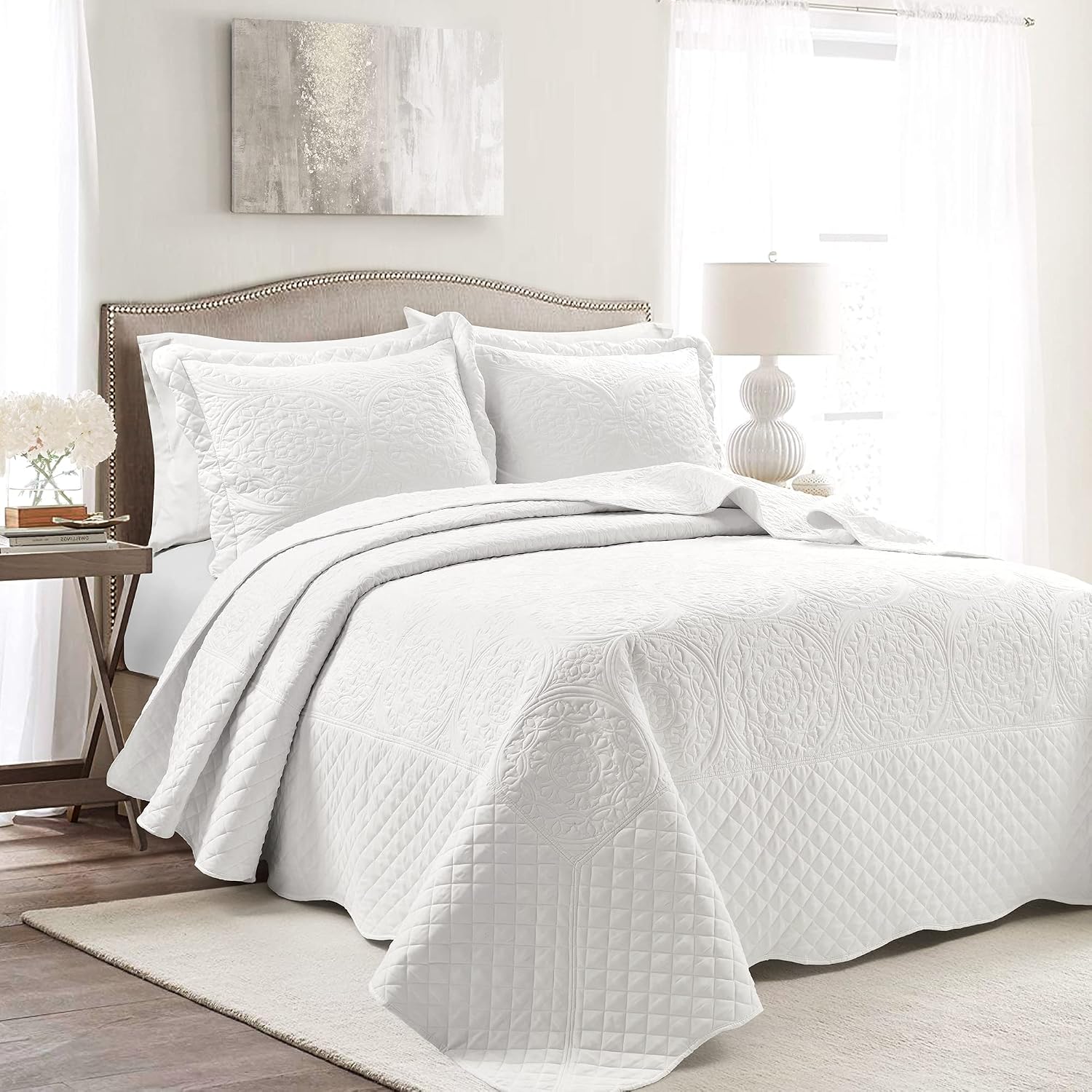Lush Decor Medallion Scallop Embroidery Bedspread King Size 5 Piece Set White - White Bedding Set King Quilt - Lightweight Bedspreads with Pillowcases