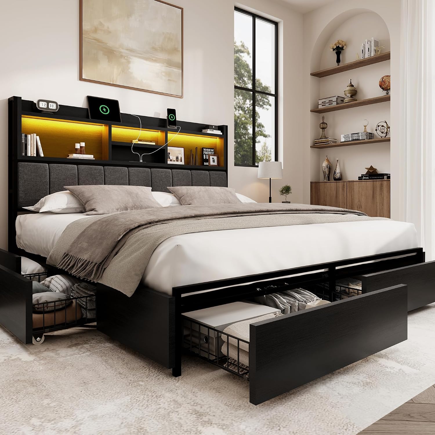 BRELTAM Queen Bed Frame with 6 Storage Drawers, Linen Upholstered Headboard, Built-in USB Charging Station & LED Lighting, Silent Metal Support, No Box Spring Needed, Vintage Black