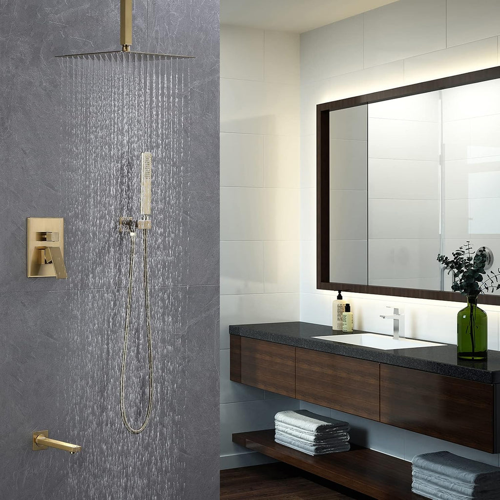 Iriber Ceiling Brushed Gold Rain Shower System with Waterfall Tub Spout 3 Function Shower Faucet Set Contain 12 Inch Shower Head and Handheld Shower Trim Kit (Valve Cartridge Included)