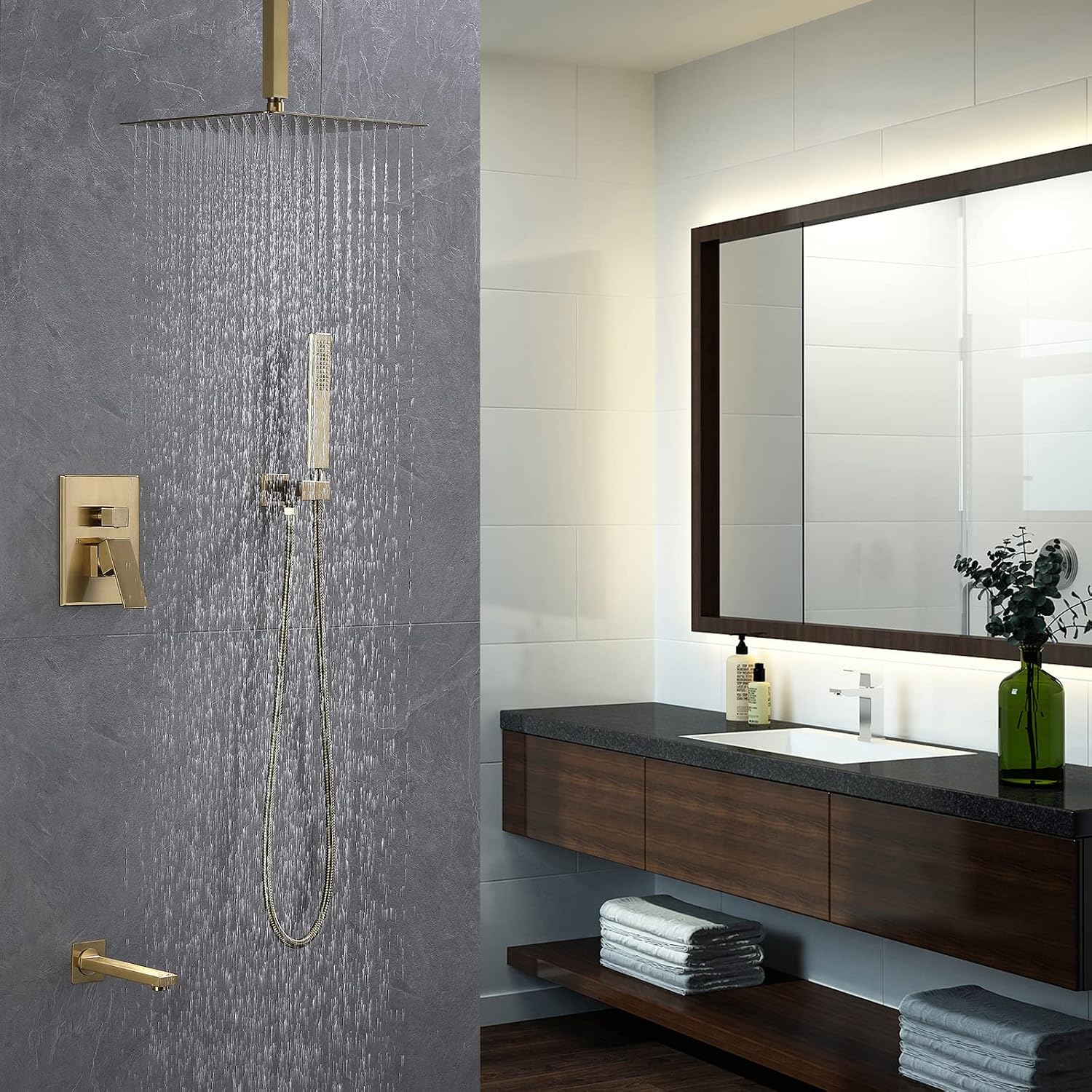 Iriber Ceiling Brushed Gold Rain Shower System with Waterfall Tub Spout 3 Function Shower Faucet Set Contain 12 Inch Shower Head and Handheld Shower Trim Kit (Valve Cartridge Included)