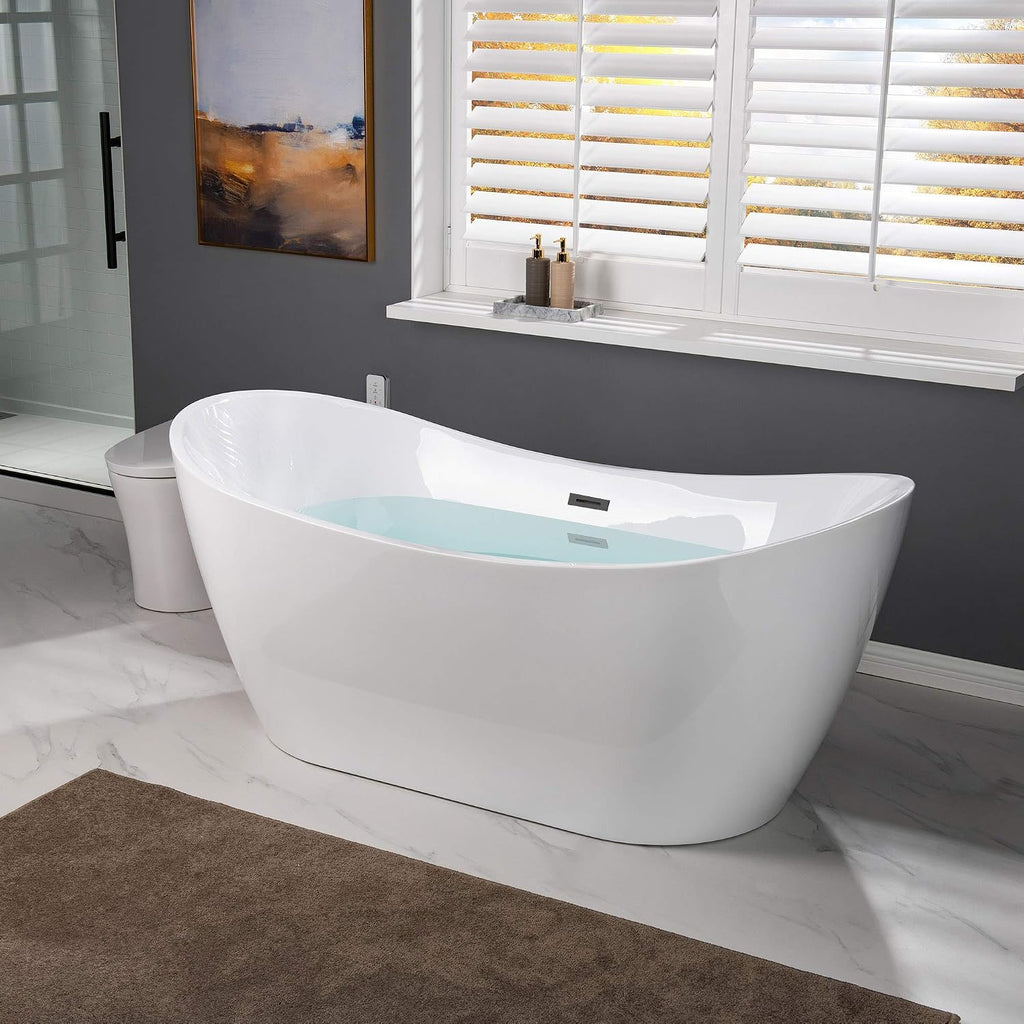 WOODBRIDGE 67' Acrylic Freestanding Bathtub Contemporary Soaking White Tub with Matte Black Overflow and Drain,B0010-MB