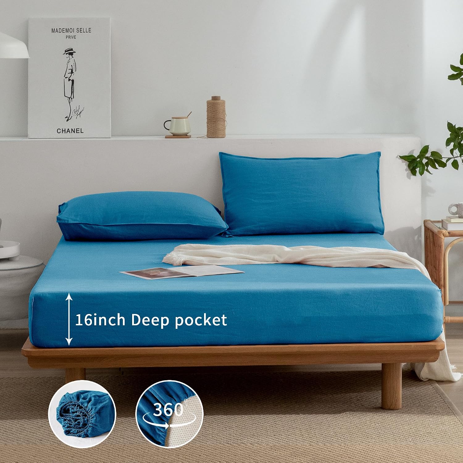 EVERLY Linen Twin Sheets Set, 100% Stonewashed French Linen Bed Sheets Deep Pocket Sheets, 3 Pieces (1 Flat Sheet, 1 Fitted Sheet, 1 Pillowcase) Natural Flax Bedding Set-Blue