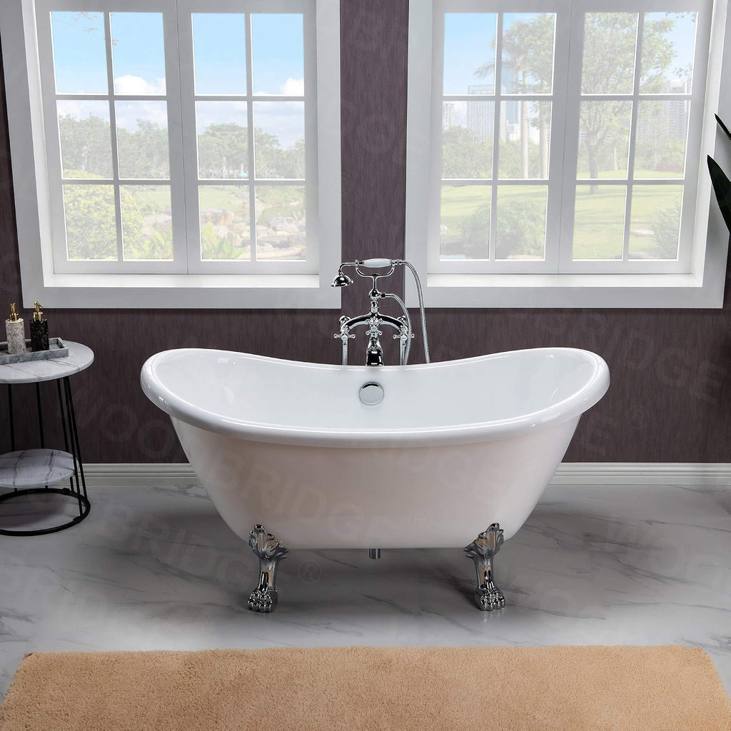 WOODBRIDGE 59' Heavy Duty Acrylic Double Slipper Clawfoot Bath Tub with Chrome Feet + Chrome Drain &Overflow