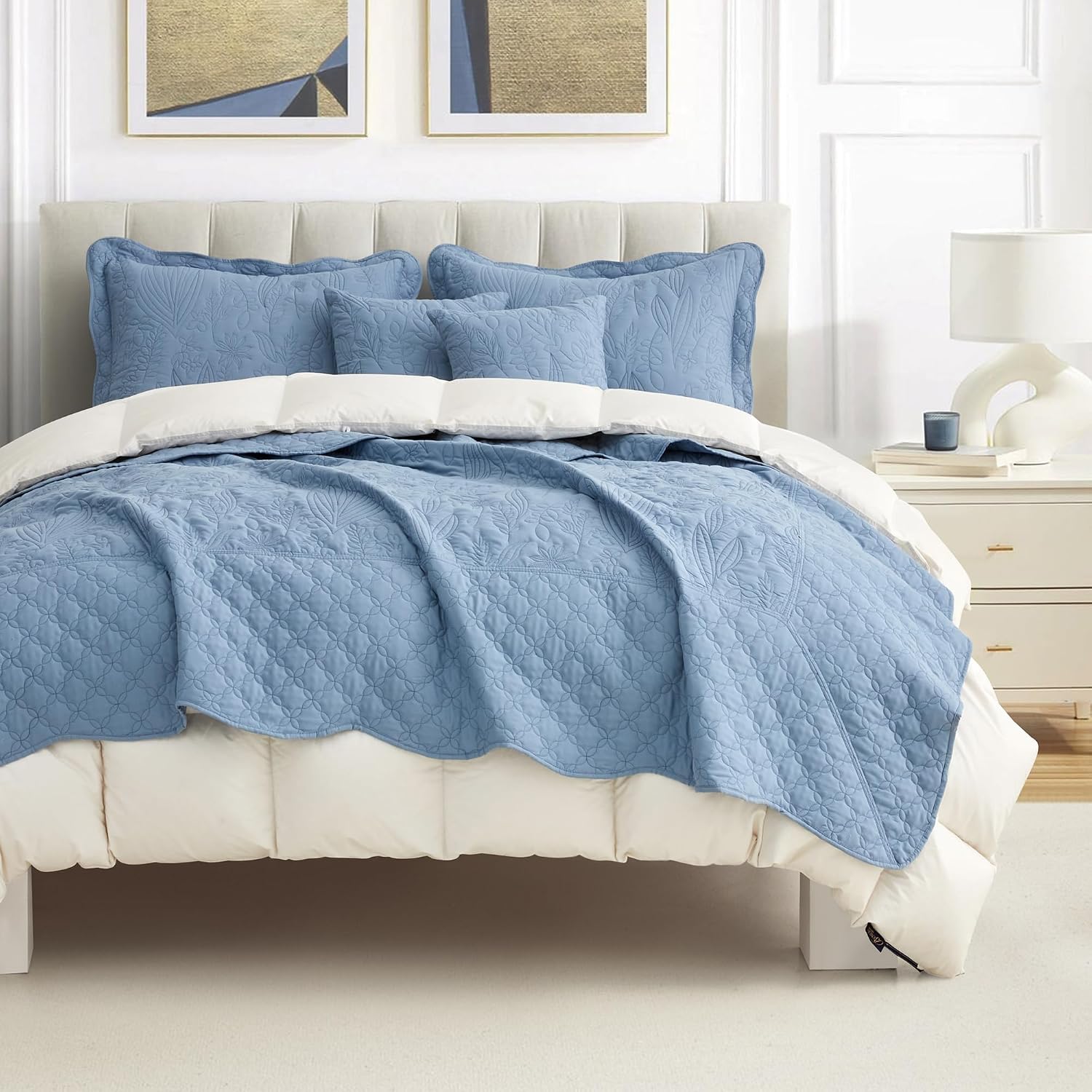 CHIXIN Botanical Oversized Bedspread King Size - Leaves Pattern Stitching Quilt Set - Elegant & Fresh Style Bedding Coverlets, Reversible, Lightweight, 5 Piece, Smokey Blue