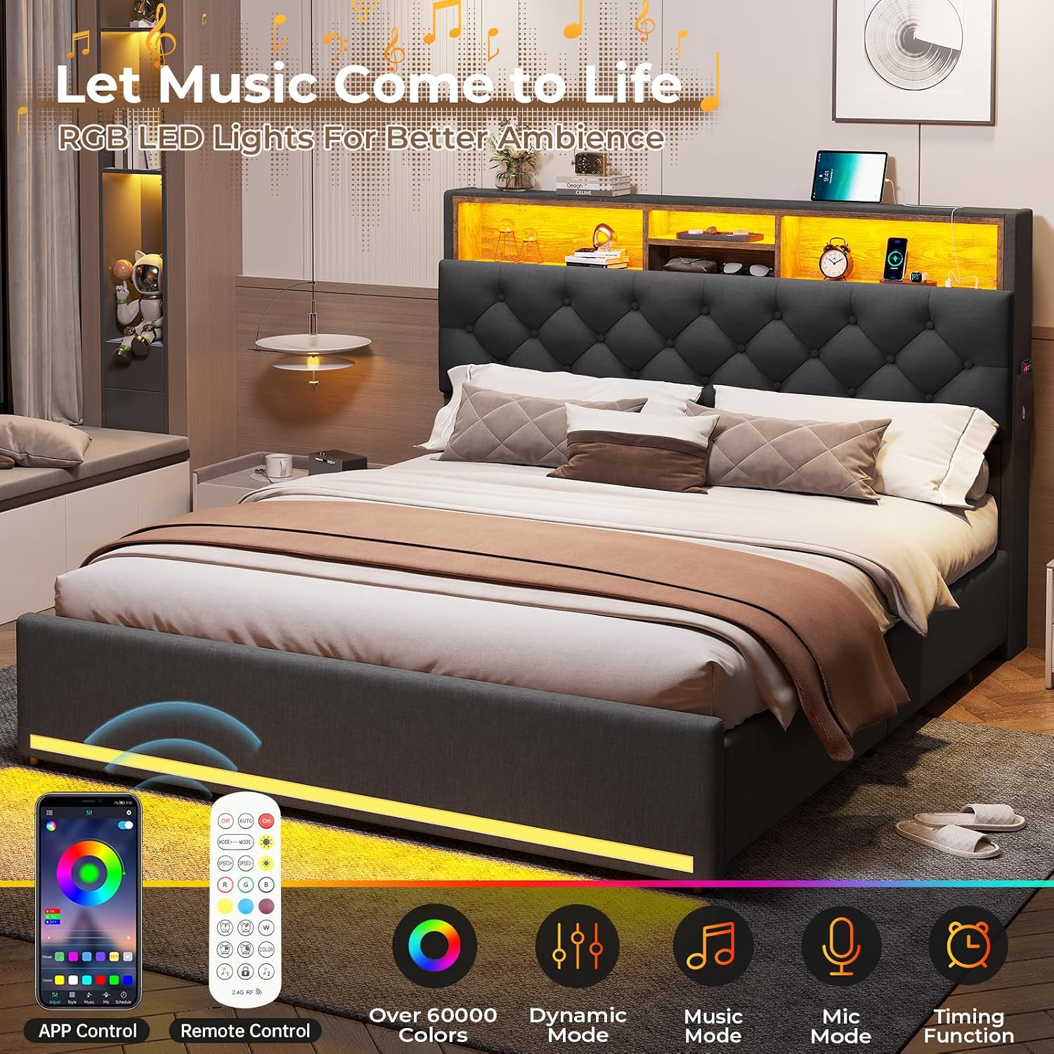 HAUOMS Full Size Bed Frame with Hidden Storage Headboard and 4 Drawers, Upholstered Platform Bed Full with LED Lights & Charging Station, No Box Spring Needed, Noise-Free, Dark Grey