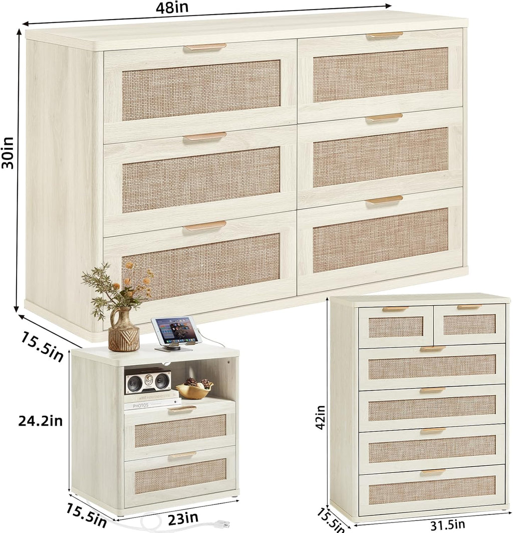 LEYAOYAO Rattan Dresser and Nightstand Set of 4, Boho Wood Dresser for Bedroom with 6 Drawers and Night Stand with Charging Station, Bedroom Furniture,Dressers & Chests of Drawers,Living Room,Hallway