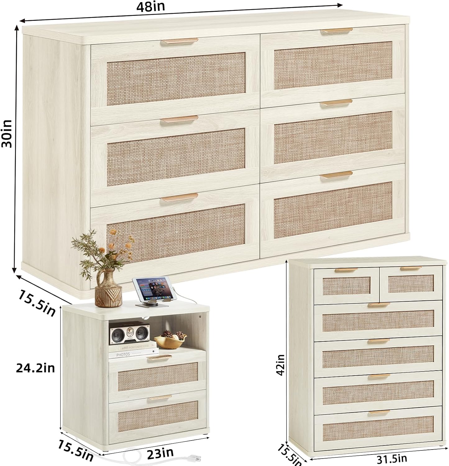LEYAOYAO Rattan Dresser and Nightstand Set of 4, Boho Wood Dresser for Bedroom with 6 Drawers and Night Stand with Charging Station, Bedroom Furniture,Dressers & Chests of Drawers,Living Room,Hallway