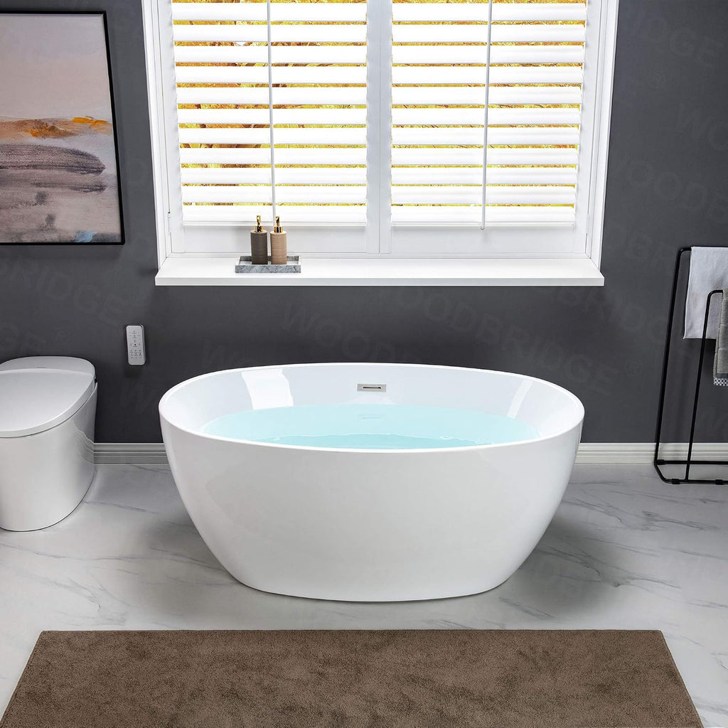 WOODBRIDGE 55' Acrylic Freestanding Bathtub Contemporary Soaking White Tub with Chrome Overflow and Drain，B1418 -C-Drain &O