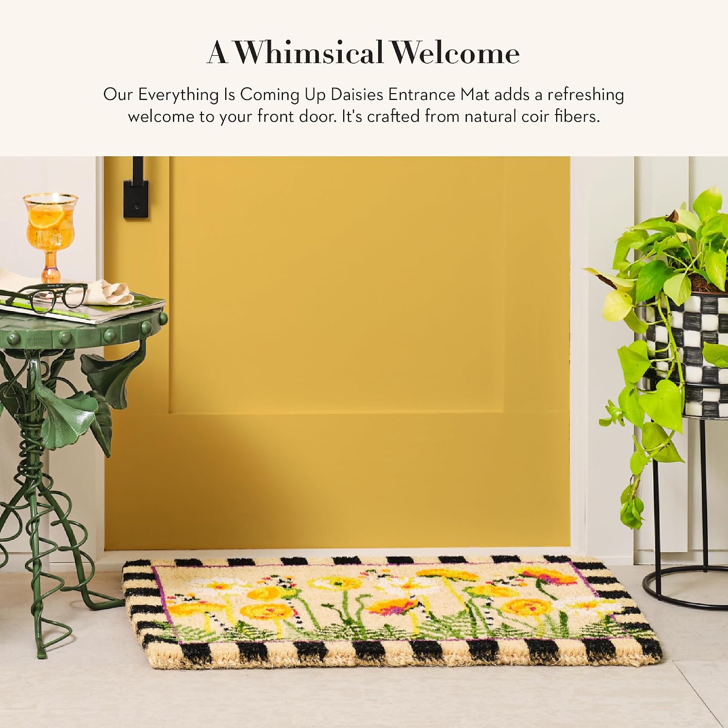 MACKENZIE-CHILDS Entrance Mat, Decorative Outdoor Front Door Mat, Coir Door Mat, Everything is Coming Up Daisies