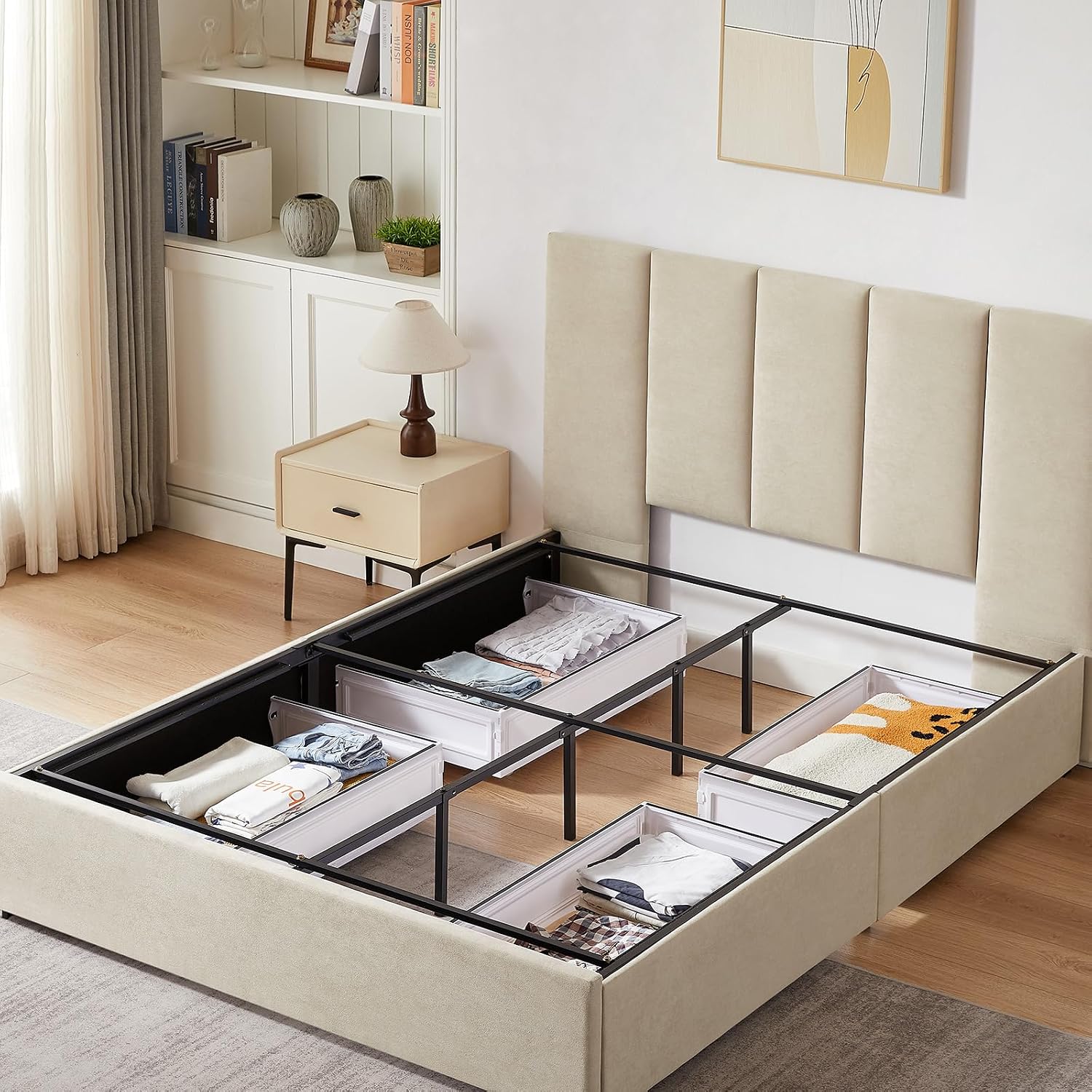 VELOCAVA Queen Size Upholstered Storage Bed Frame with 4 Drawers, Modern Linen Platform Bed with Vertical Channel Headboard, Sturdy Wood Slats, Under Bed Storage, No Box Spring Needed, Beige
