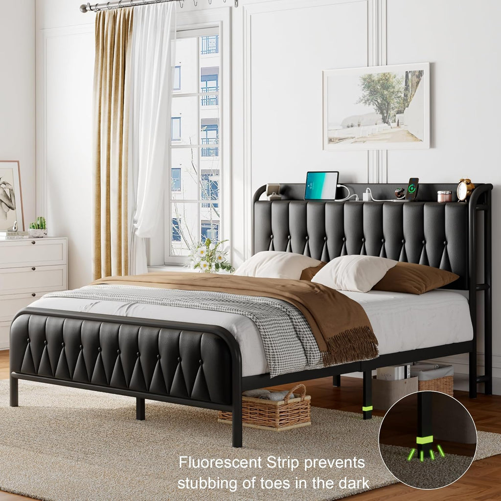 Leather Full Size Bed Frame with Fast Charging Station,Full Metal Platform Beds with Upholstered Headboard & Footboard,12' Underbed Storage Space,Easy Assembly,Noise-Free,Black