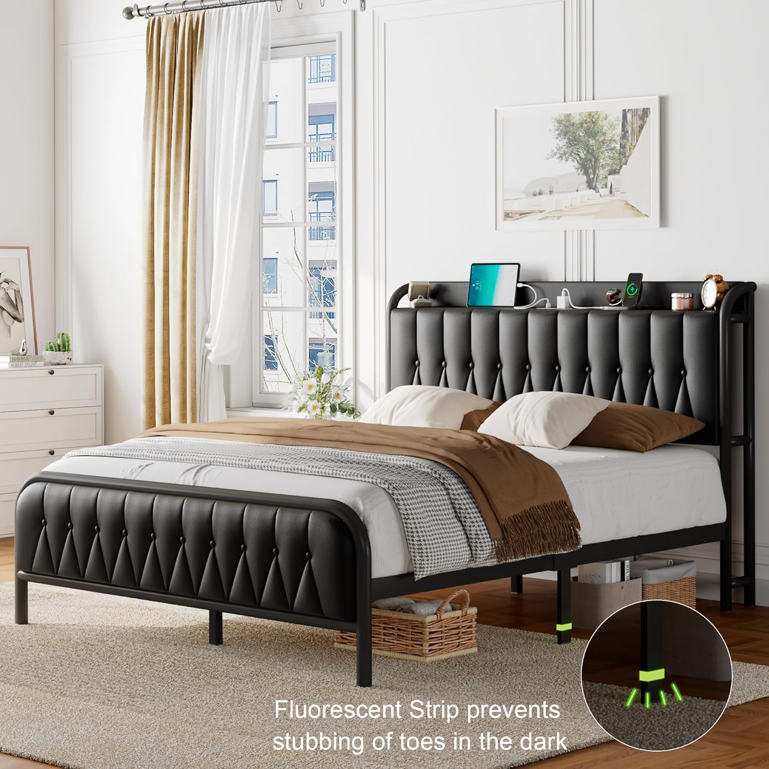 Leather Full Size Bed Frame with Fast Charging Station,Full Metal Platform Beds with Upholstered Headboard & Footboard,12' Underbed Storage Space,Easy Assembly,Noise-Free,Black