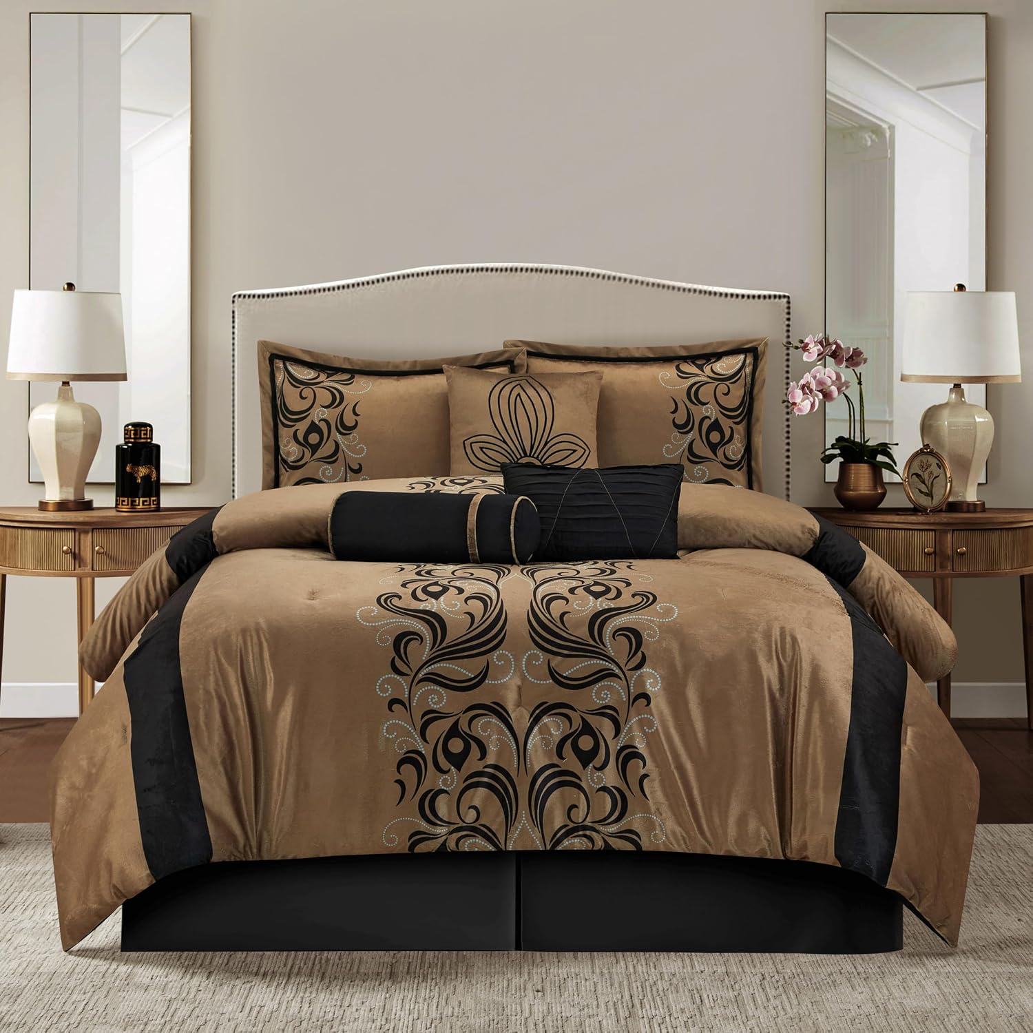 Grand Avenue Brown Floacking & Taffeta Comforter Set Full Size, 7 Pieces Bedding Set, All Season Cozy Comforter, Bedskirt, Pillows & Shams