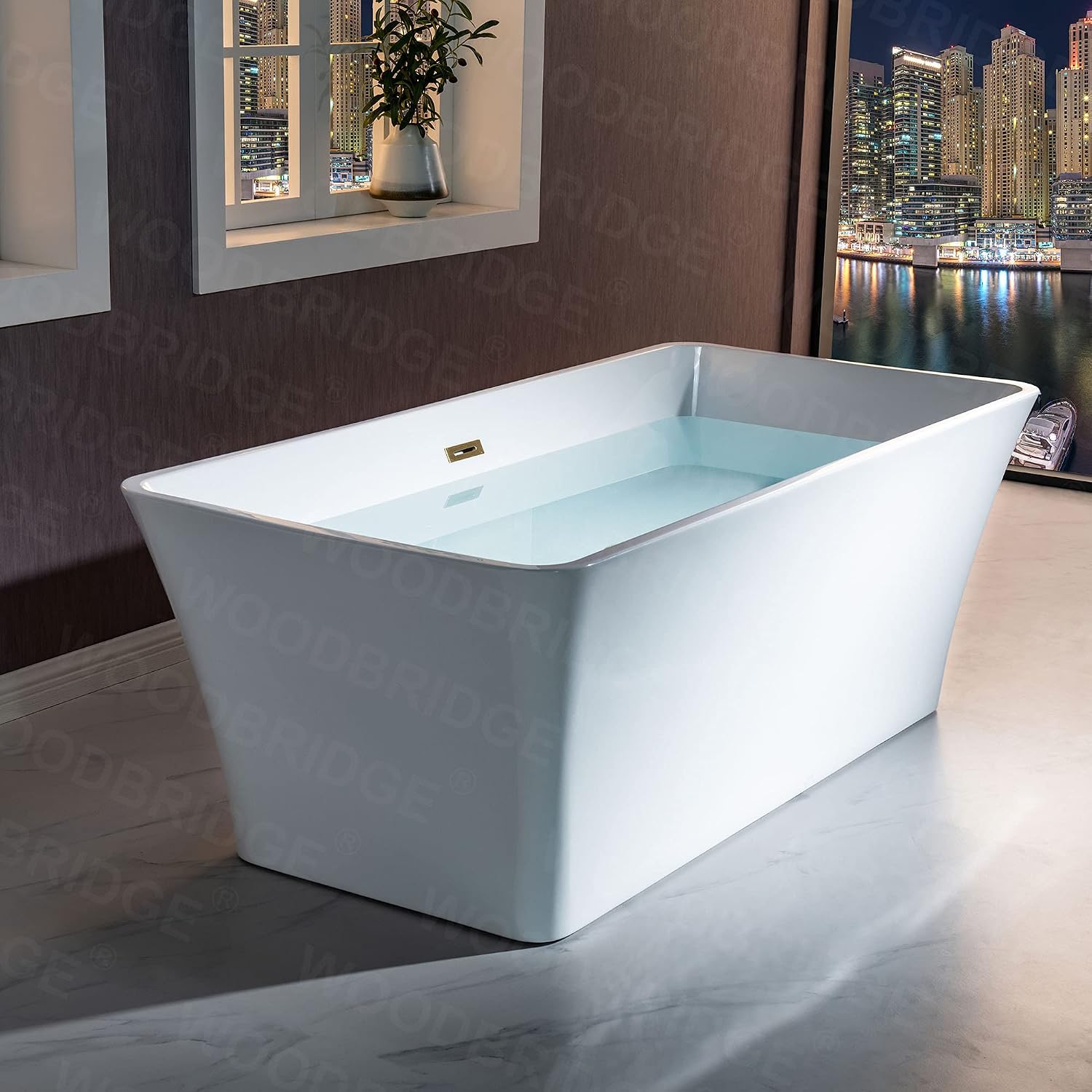 WOODBRIDGE 67' Acrylic Freestanding Bathtub Contemporary Soaking White Tub with Brushed Gold Overflow and Drain，BTA1609-BG-Drain &O