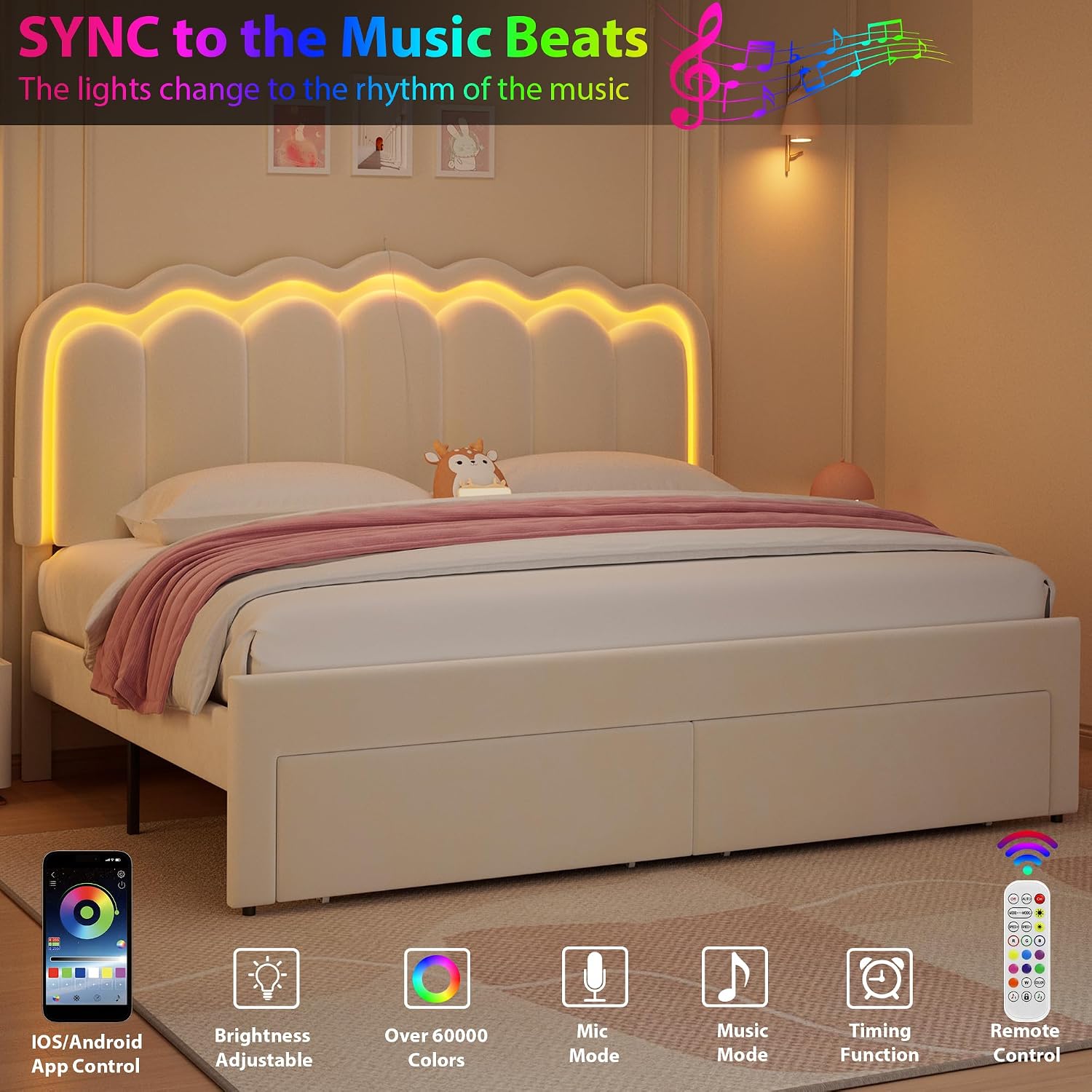 King Upholstered LED Bed Frame with 2 Storage Drawers and Adjustable Chic Double Wavy Headboard, Velvet Princess Platform Bed with Charing Station, Solid Wood Slats Support, No Box Spring Needed,Beige