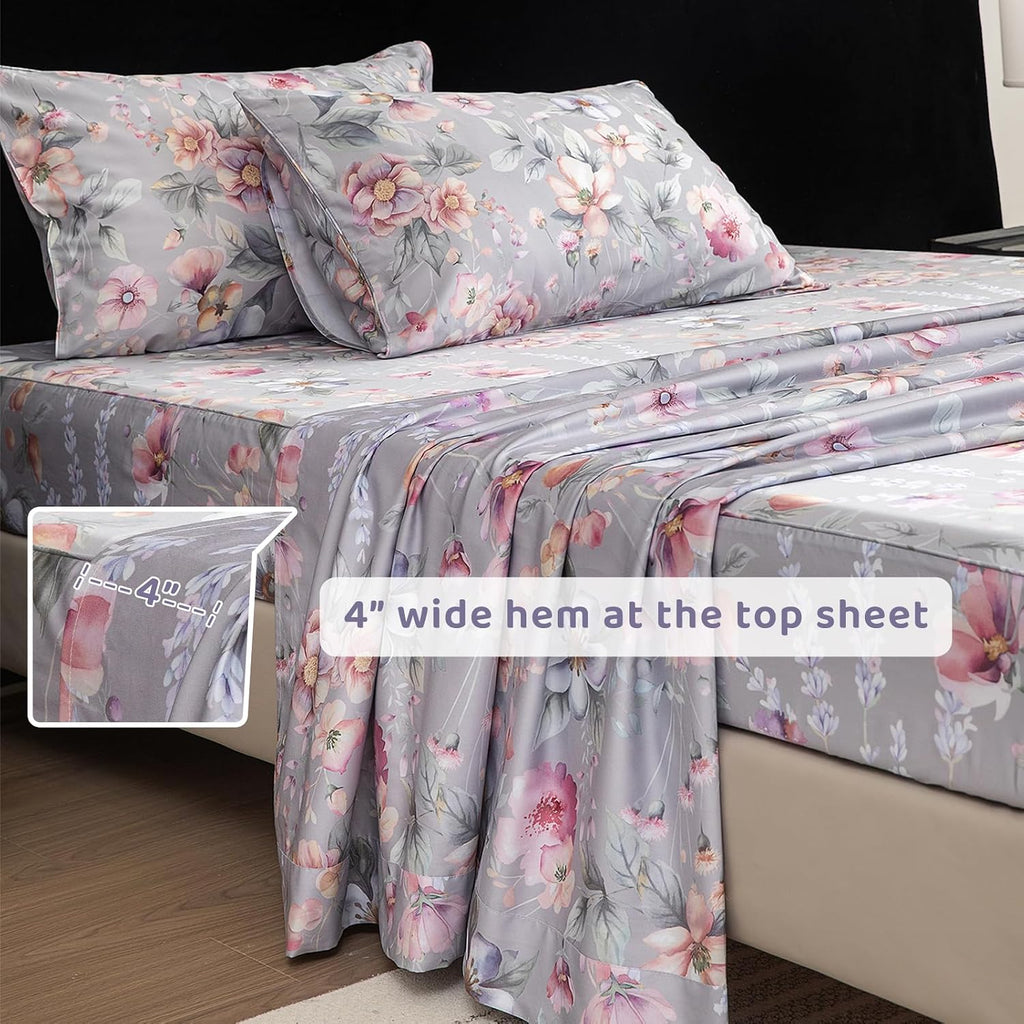 QSH Gray Floral Sheets Queen Size，Egyptian Cotton Sheets Queen Size Set Luxury Silk Feel Flowers Botanical Pattern Printed Bedding Sheet Extra Soft and Breathable 17.5' Deep Pockets Bed Sheet 4pcs