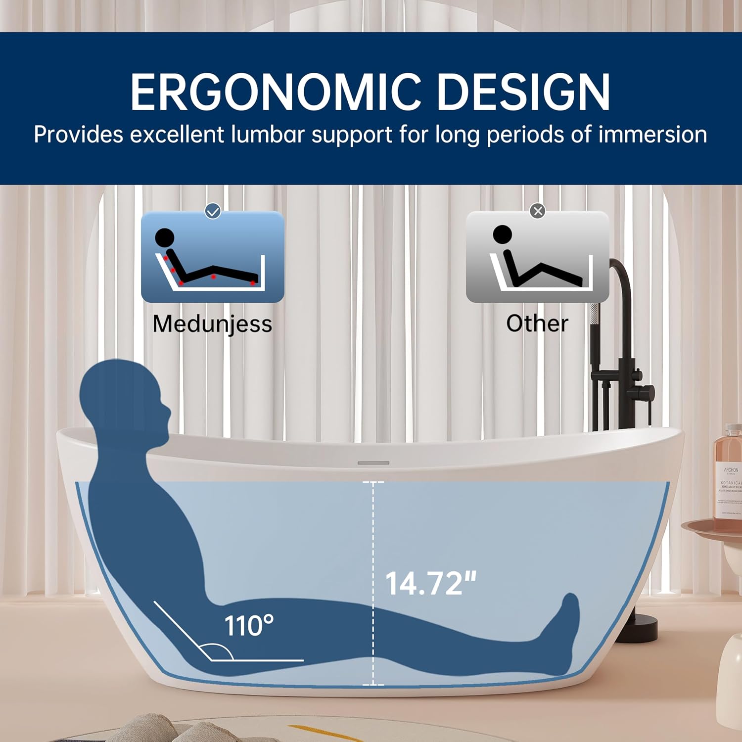 65'' Freestanding Stone Resin Bathtub, Solid Surface Free Standing Tub, Contemporary Design Soaking Tub, Stand Alone Tubs with Pop-up Drain and Overflow, Matte White