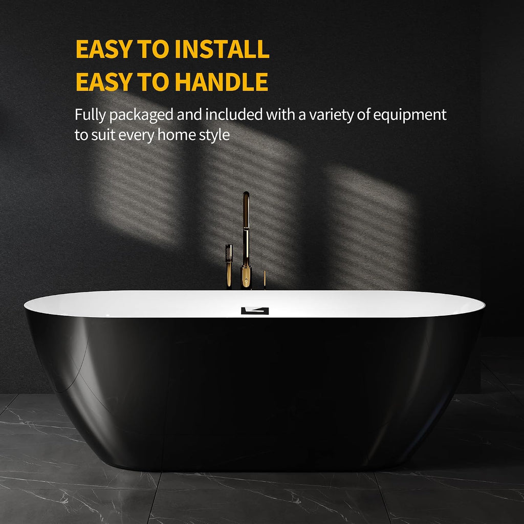 GarveeHome 67 Inch Acrylic Freestanding Bathtub, Deep Soaking Tub with White Interior Black Exterior, Modern Oval Stand Alone Bath Tub for Bathroom, Non-Slip, Easy Install, Chrome Overflow & Drain