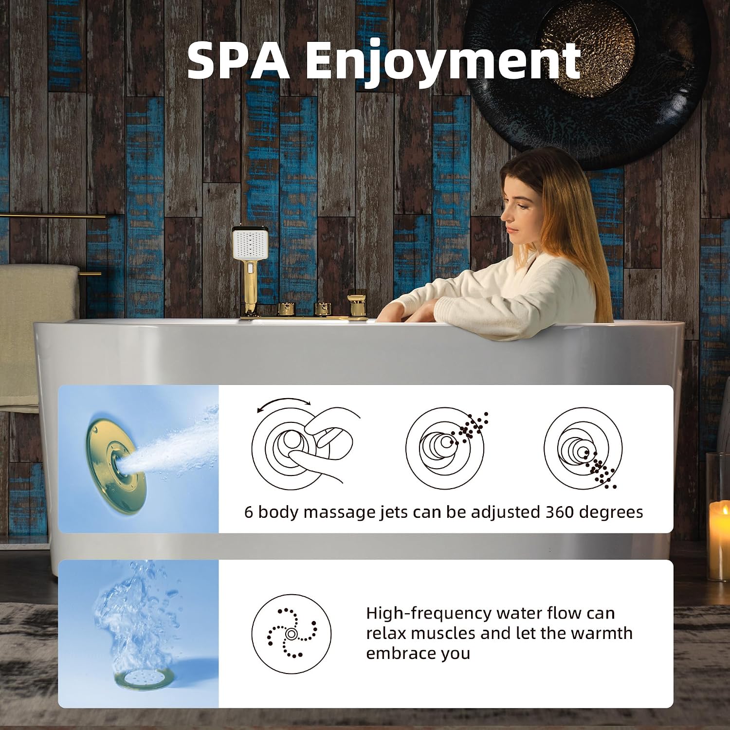 WOODBRIDGE 59' x 31-1/2' Whirlpool and Air Bath Heated Soaking Combination Tub with Adjustable Speed Air Blower, Faucet and Display Control Panel, Brushed Gold Finish Trim and Drain Kit,BG100+F0045BG