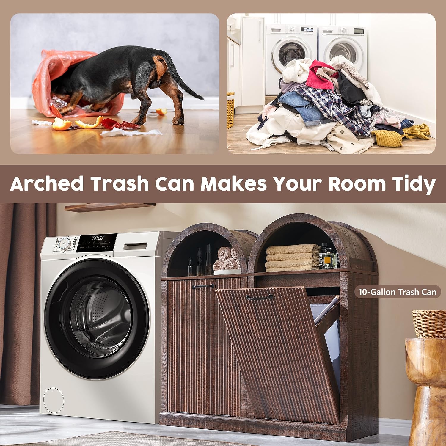 IFGET Arched Tilt-Out Trash Can Cabinet, Fluted 10 Gallon Trash Can Cabinet Set of 2, Modern Laundry Hamper, Hidden Garbage with Storage Basket for Kitchen, Living Room, Brown