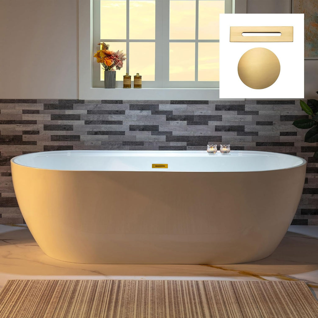 WOODBRIDGE 72' Acrylic Freestanding Bathtub Contemporary Soaking White Tub with Brushed Gold Overflow and Drain,B0059-BG