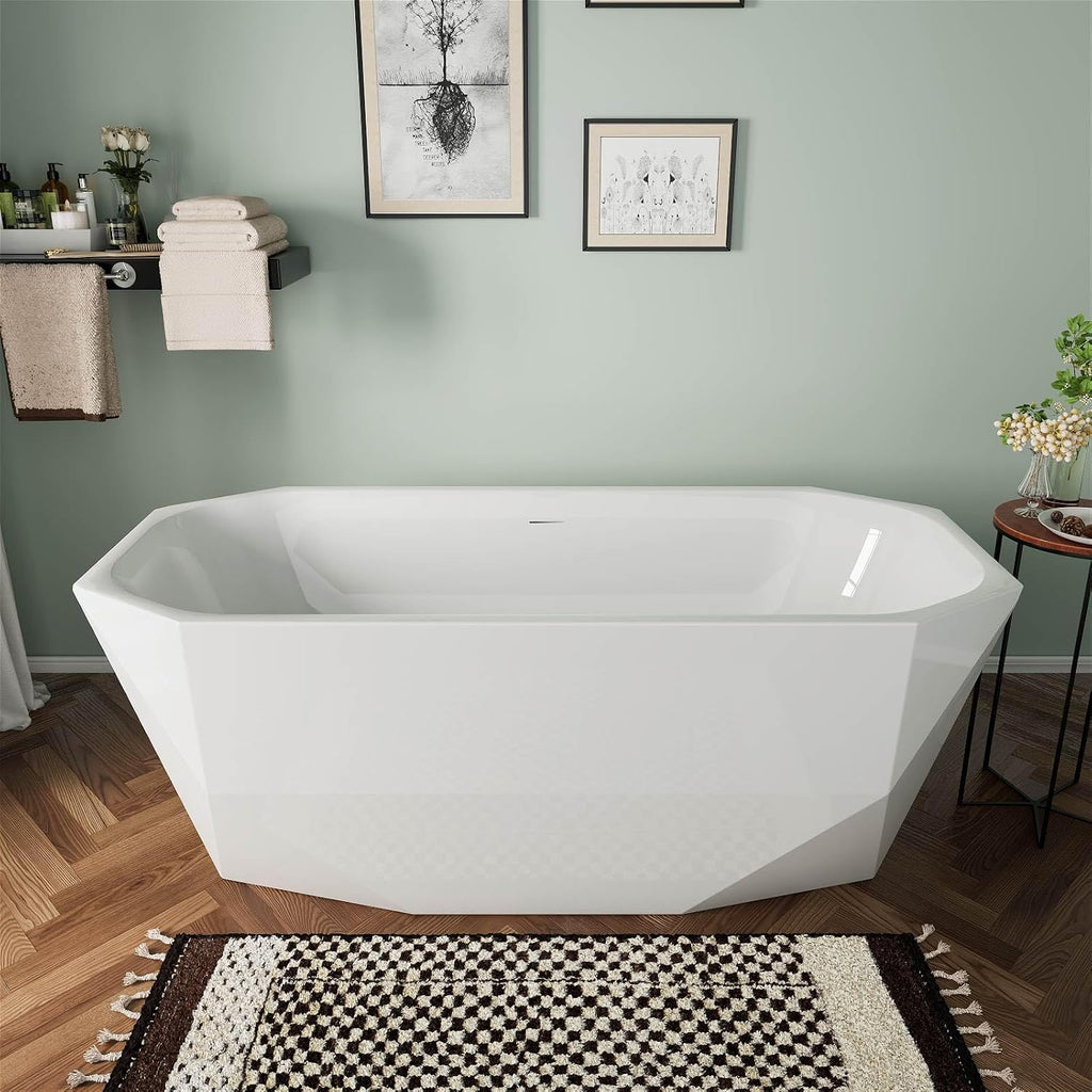 67' Acrylic Freestanding Bathtub, Irregular Diamond Shape Free Standing Tub, Soaking Tub with Integrated Slotted Overflow, Toe-Tap Chrome Drain, cUPC Certified, Glossy White