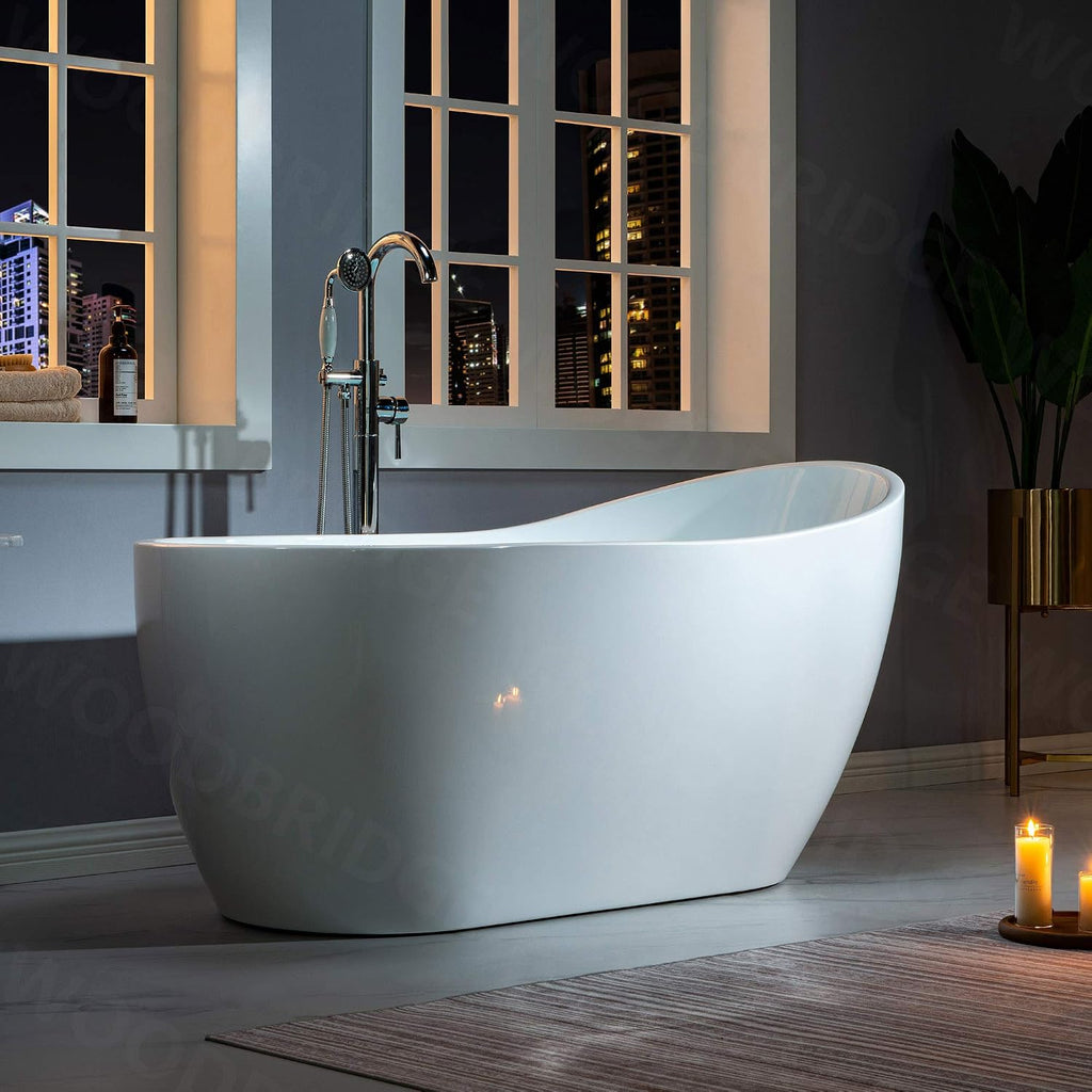 WOODBRIDGE 59' Acrylic Freestanding Bathtub Contemporary Soaking White Tub with Brushed Nickel Overflow and Drain，B-1530 -B/N-Drain &O