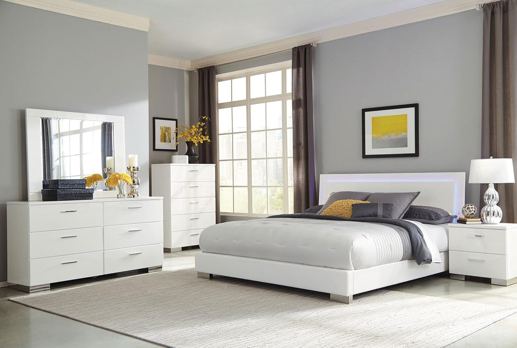Coaster Home Furnishings Felicity Contemporary 6-Piece Bedroom Set Queen Size LED Panel Bed Frame 49-inch Headboard White High Gloss 203500Q-S6