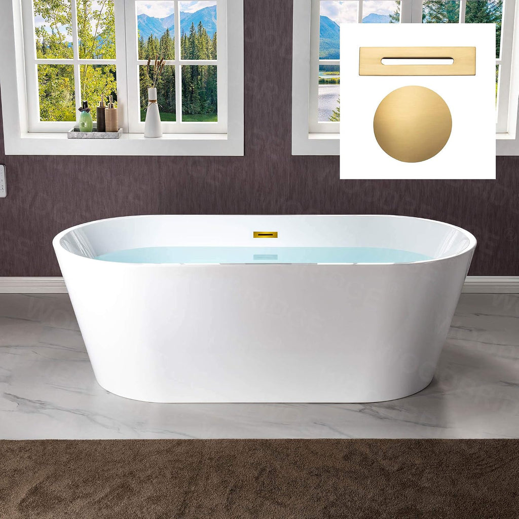 WOODBRIDGE 67'Freestanding White Acylic Soaking Bathtub with White Pillow,Drain and Overflow in Brushed Gold,BTA1513 -BG-Drain &O+ Pillow