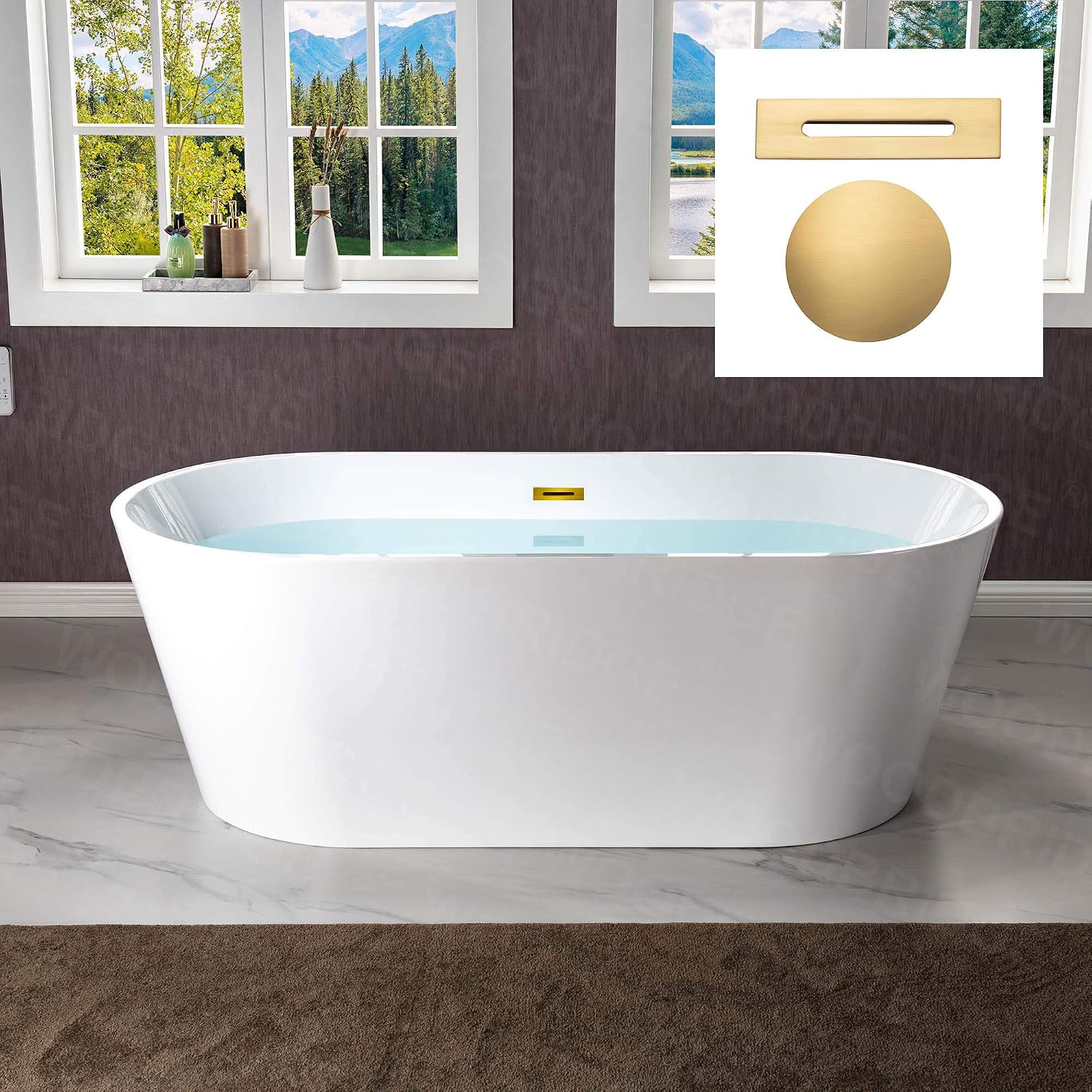 WOODBRIDGE 67'Freestanding White Acylic Soaking Bathtub with White Pillow,Drain and Overflow in Brushed Gold,BTA1513 -BG-Drain &O+ Pillow